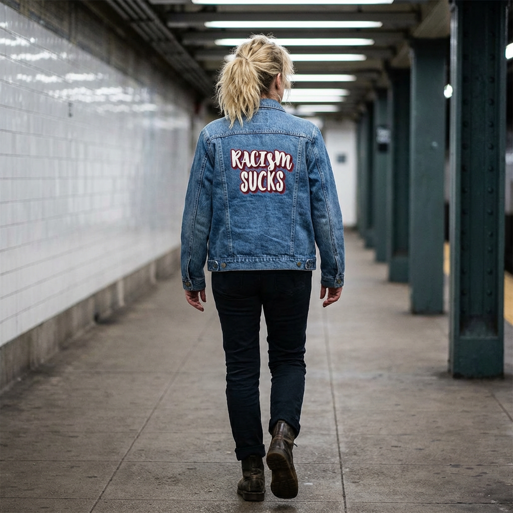 Denim Jacket – Racism Sucks Street Art Graphic Unisex Denim Jacket product thumbnail image Denim Jacket – Racism Sucks Street Art Graphic Unisex Denim Jacket product thumbnail image
