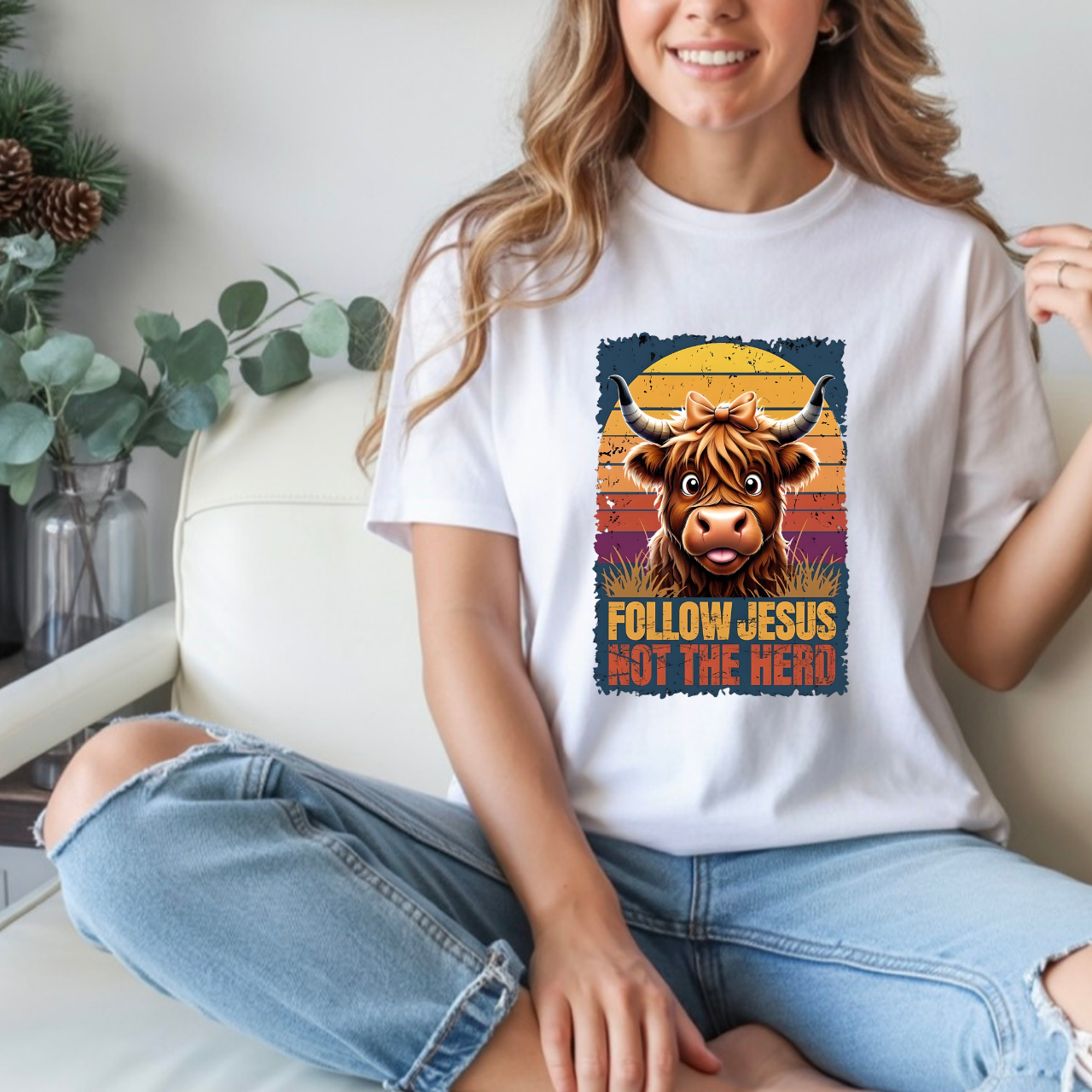 Follow Jesus Not The Herd Gildan Softstyle Unisex Tshirt | Highland Cow Christian Graphic T Shirt product thumbnail image