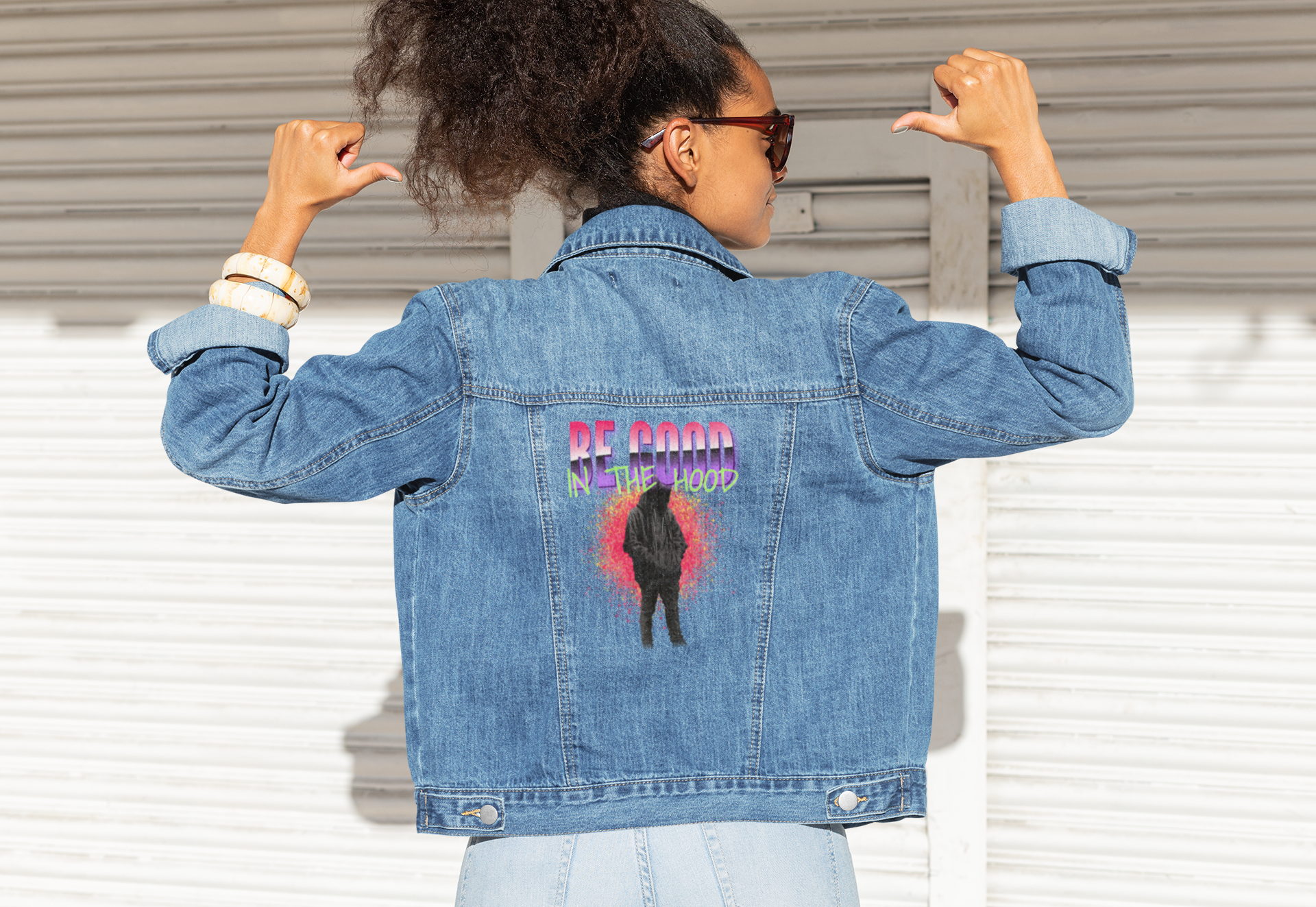 Denim Jacket – Be Good in the Hood Graphic Unisex Denim Jacket product thumbnail image Denim Jacket – Be Good in the Hood Graphic Unisex Denim Jacket product thumbnail image