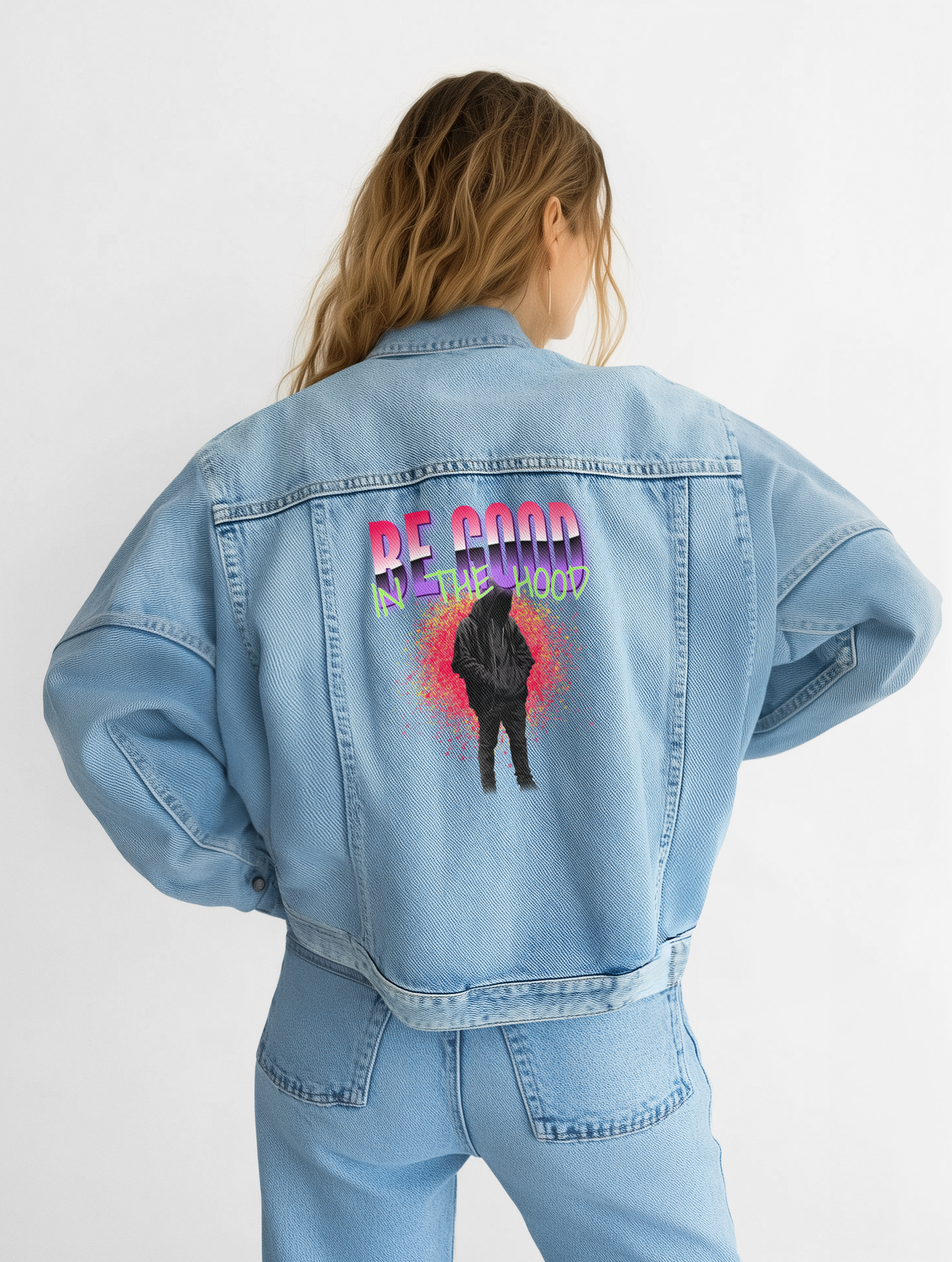 Denim Jacket – Be Good in the Hood Graphic Unisex Denim Jacket product thumbnail image Denim Jacket – Be Good in the Hood Graphic Unisex Denim Jacket product thumbnail image