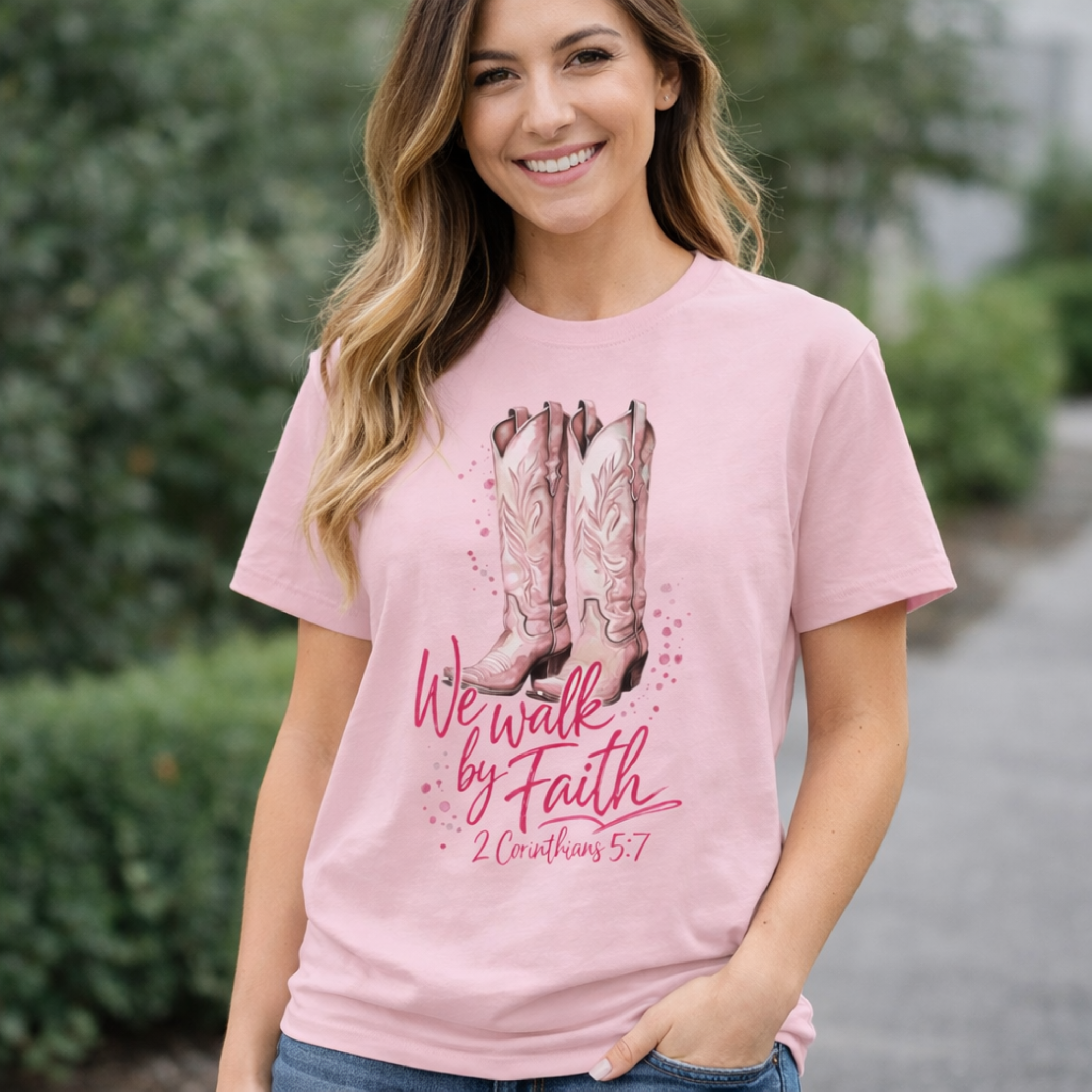 Faith Cowboy Boots T-Shirt — “We Walk by Faith” Christian Graphic Tee product thumbnail image Faith Cowboy Boots T-Shirt — “We Walk by Faith” Christian Graphic Tee product thumbnail image