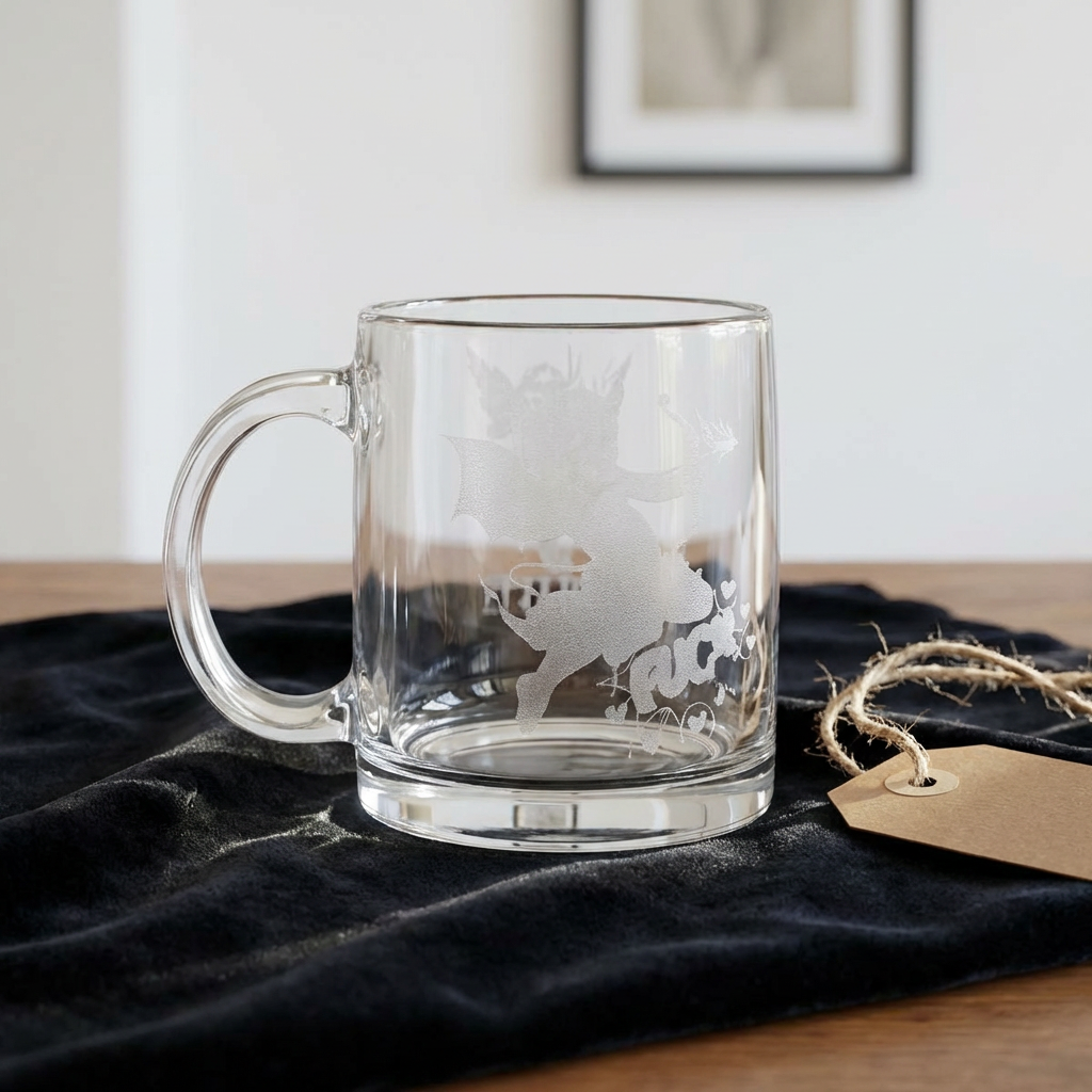 Anti- Love ngraved Glass Coffee Mug — Angel Cupid Floral Design, 12.25 oz product thumbnail image