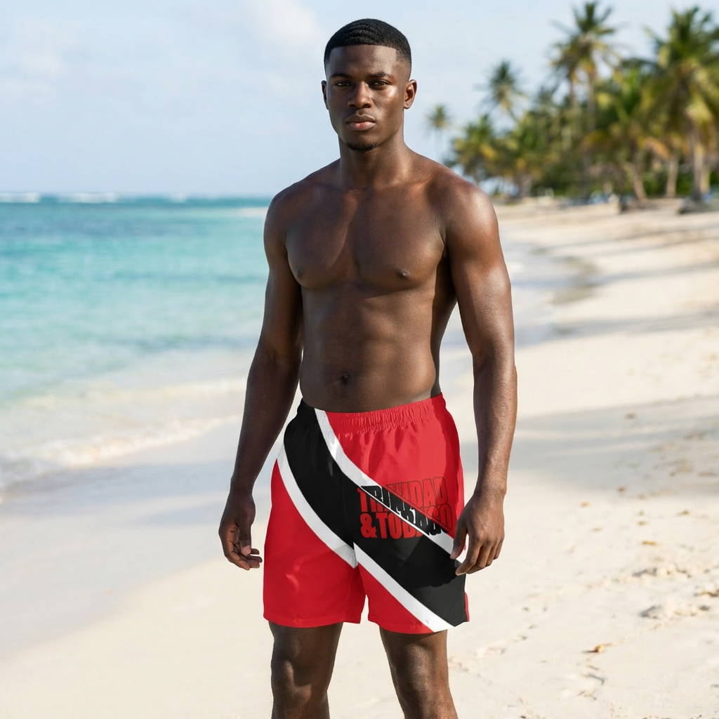 Trinidad &amp; Tobago Men's Board Shorts - Vibrant Swimwear for Beach Days, Summer Fun, Vacations, Pool Parties, and Festivals