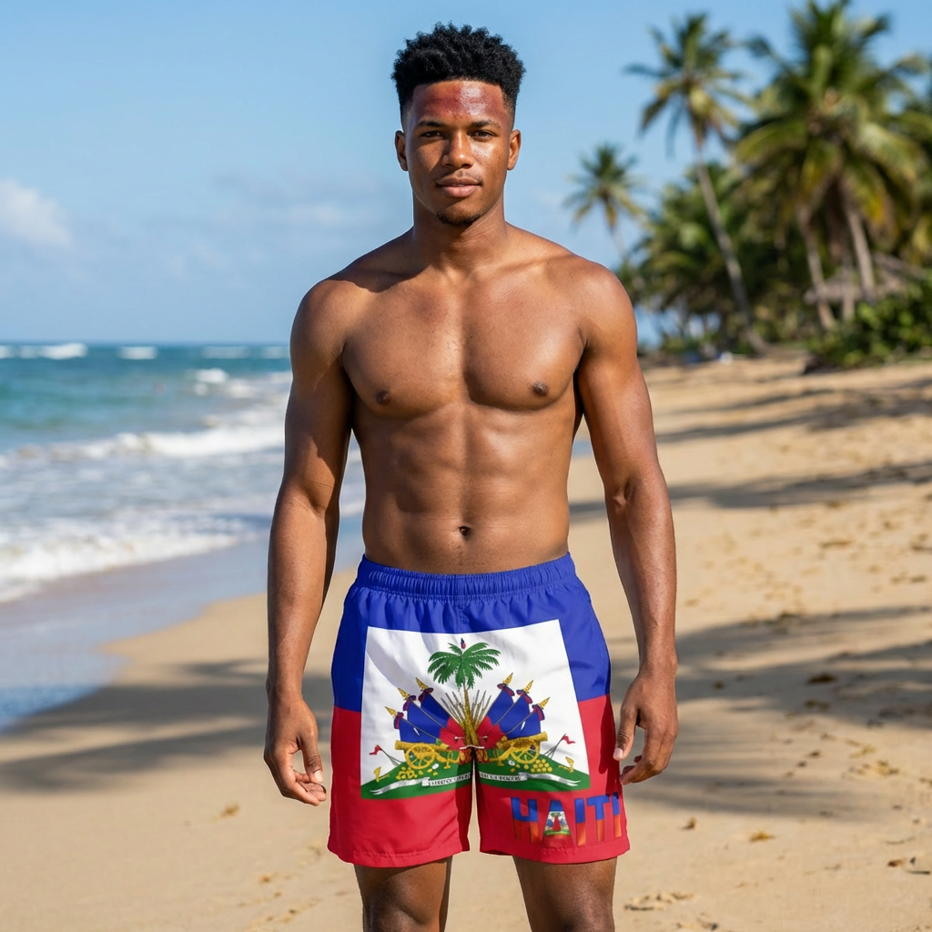 Men's Haitian Flag Board Shorts | Summer Swimwear, Beachwear, Vacation Swim Trunks, Patriotic Swim Shorts, AOP Men's Swimwear