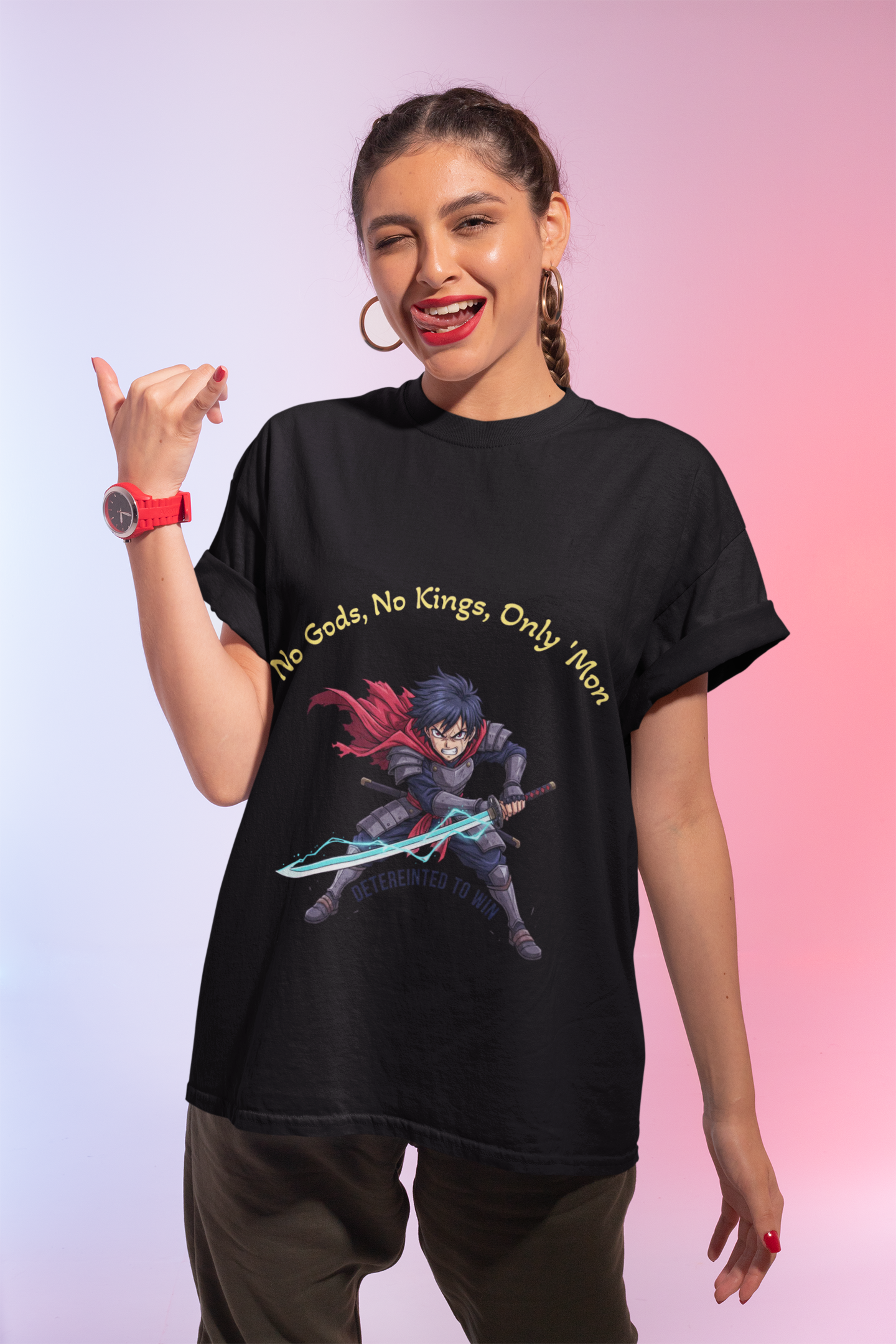 Gamer Knight T-Shirt - "No Gods, No Kings, Only Mon" Pixel Art Sword Tee product thumbnail image