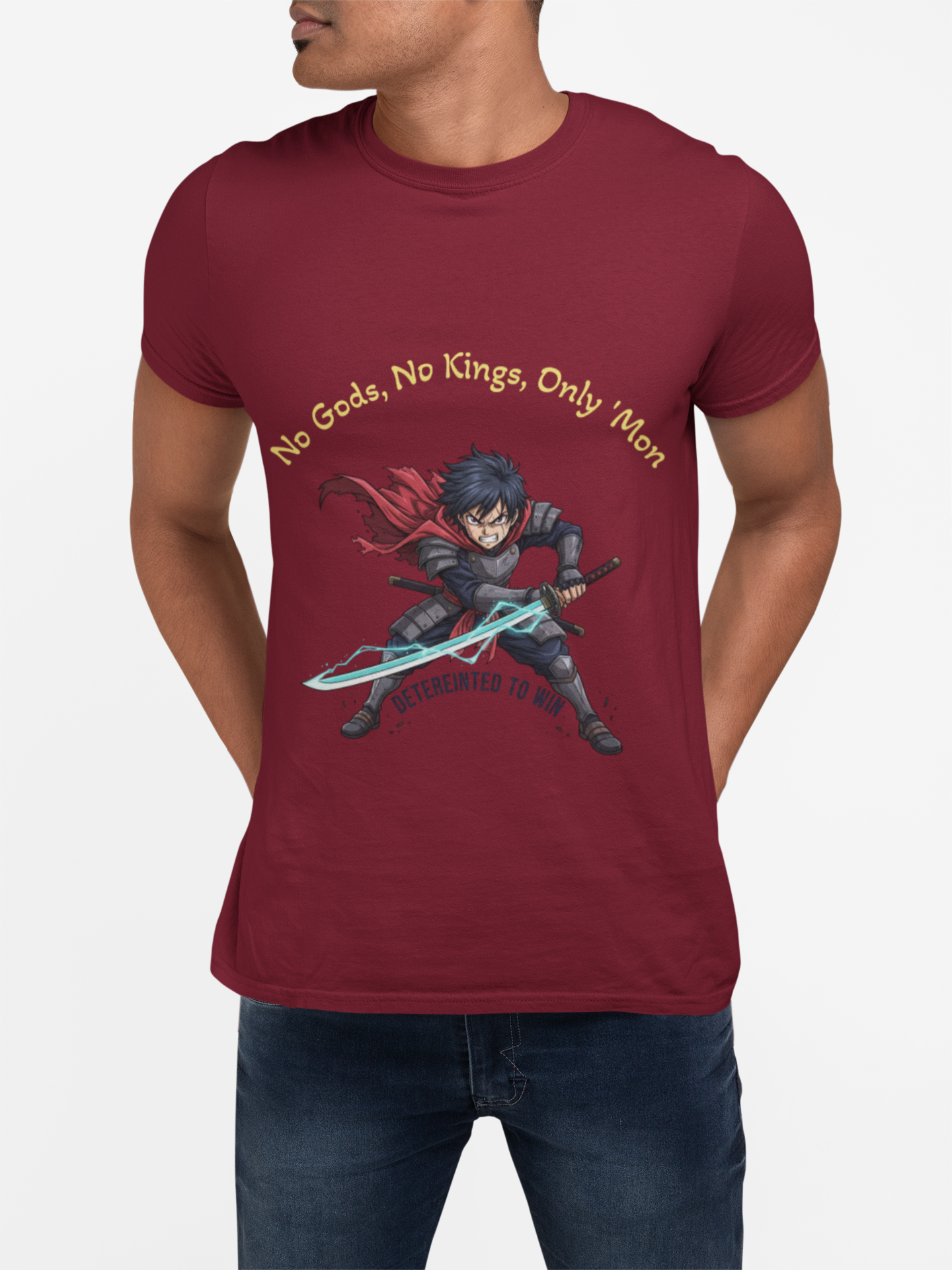 Gamer Knight T-Shirt - "No Gods, No Kings, Only Mon" Pixel Art Sword Tee product thumbnail image