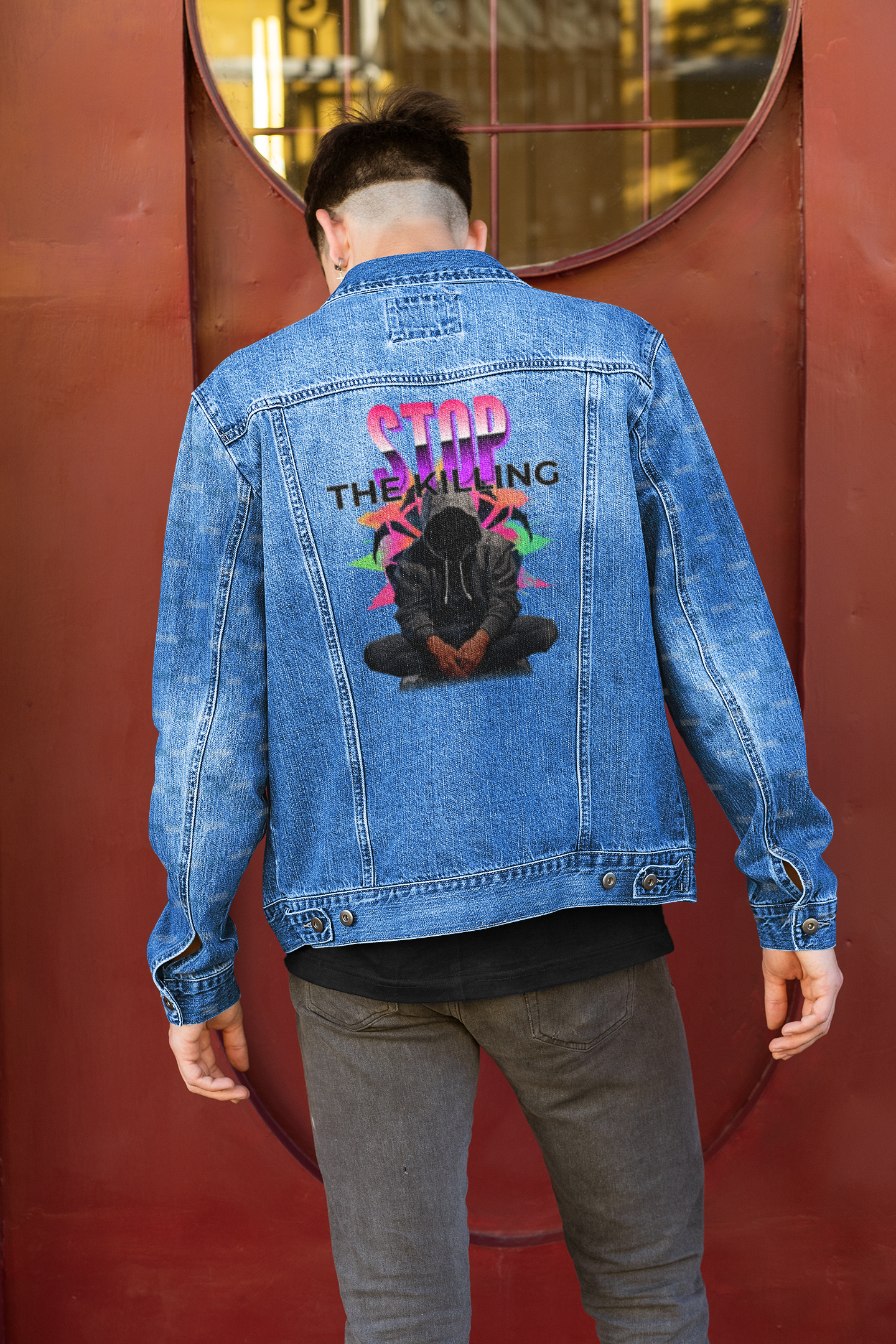 Denim Jacket – Stop the Killing Street Art Graphic Unisex Denim Jacket product thumbnail image Denim Jacket – Stop the Killing Street Art Graphic Unisex Denim Jacket product thumbnail image