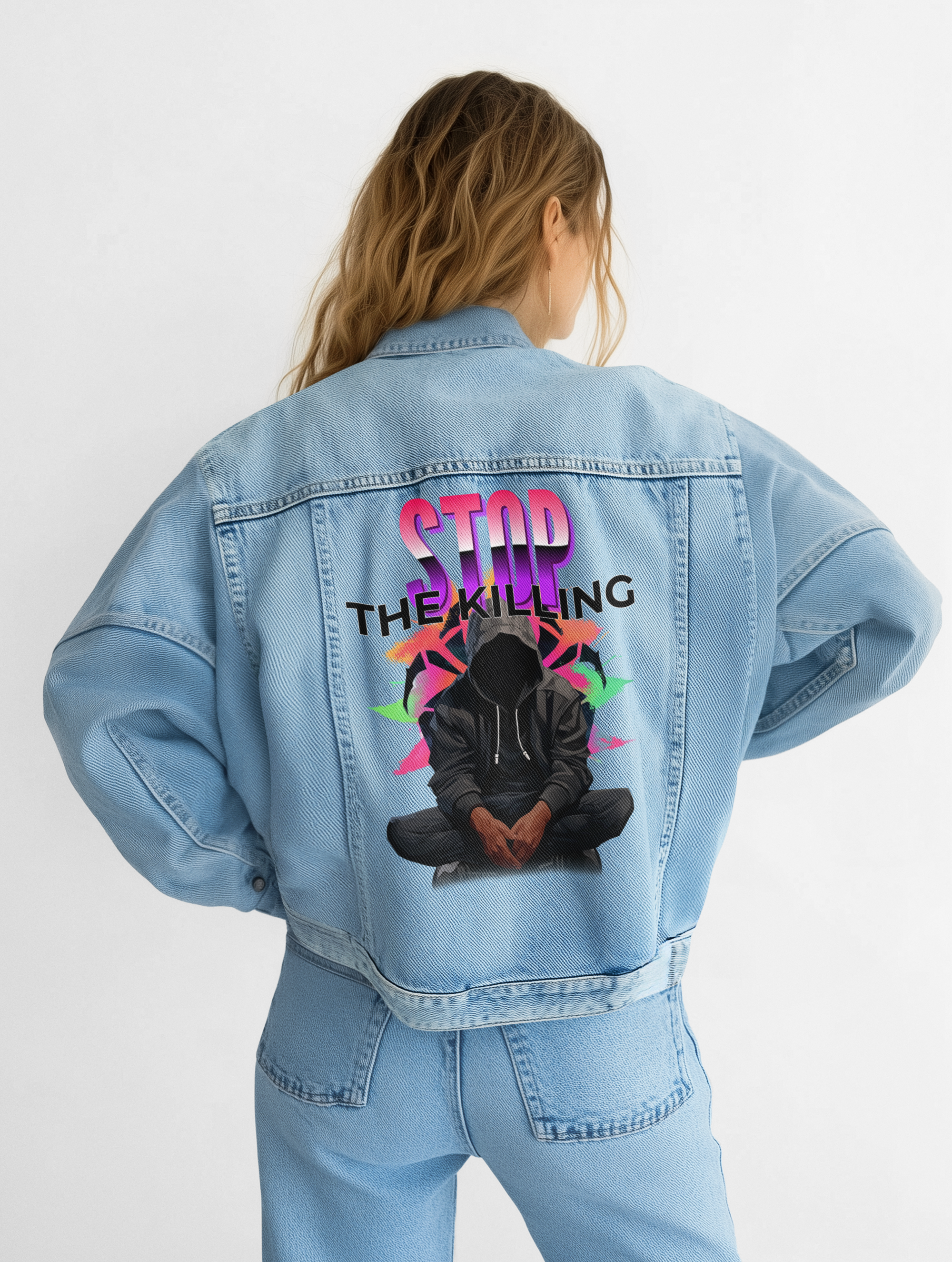 Denim Jacket – Stop the Killing Street Art Graphic Unisex Denim Jacket product thumbnail image