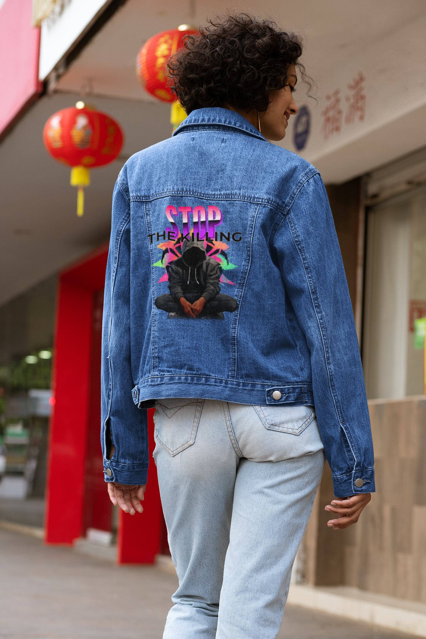 Denim Jacket – Stop the Killing Street Art Graphic Unisex Denim Jacket product thumbnail image