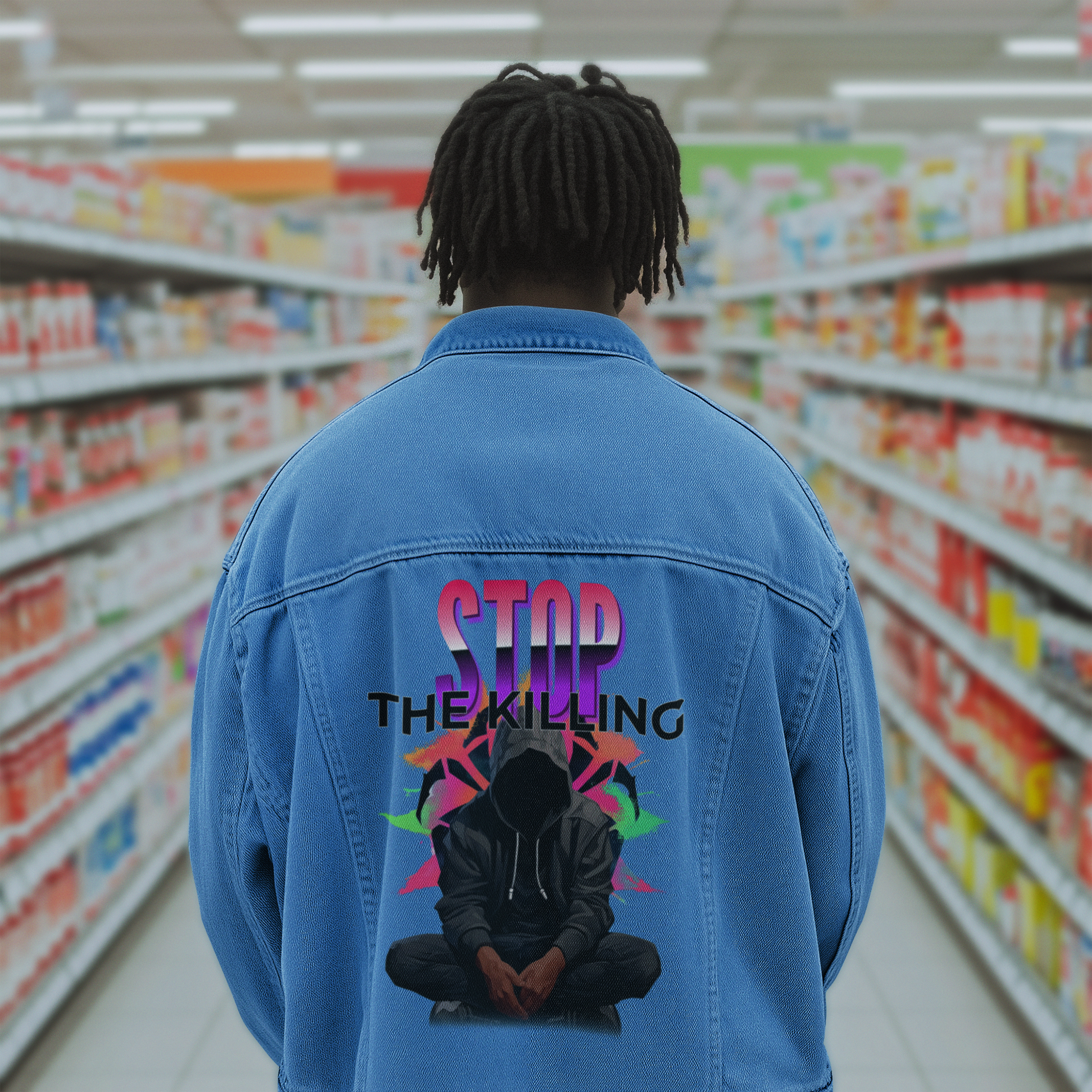 Denim Jacket – Stop the Killing Street Art Graphic Unisex Denim Jacket product thumbnail image Denim Jacket – Stop the Killing Street Art Graphic Unisex Denim Jacket product thumbnail image