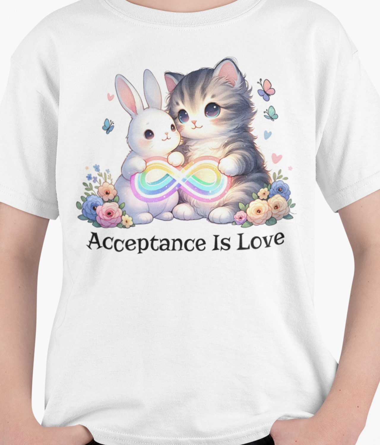 Autism Awareness Infinity Rainbow Ribbon | Neurodivergence Acceptance Gildan Unisex Youth Tee | Cute Bunny and Kitty Love Neurodiversity T-shirt product thumbnail image