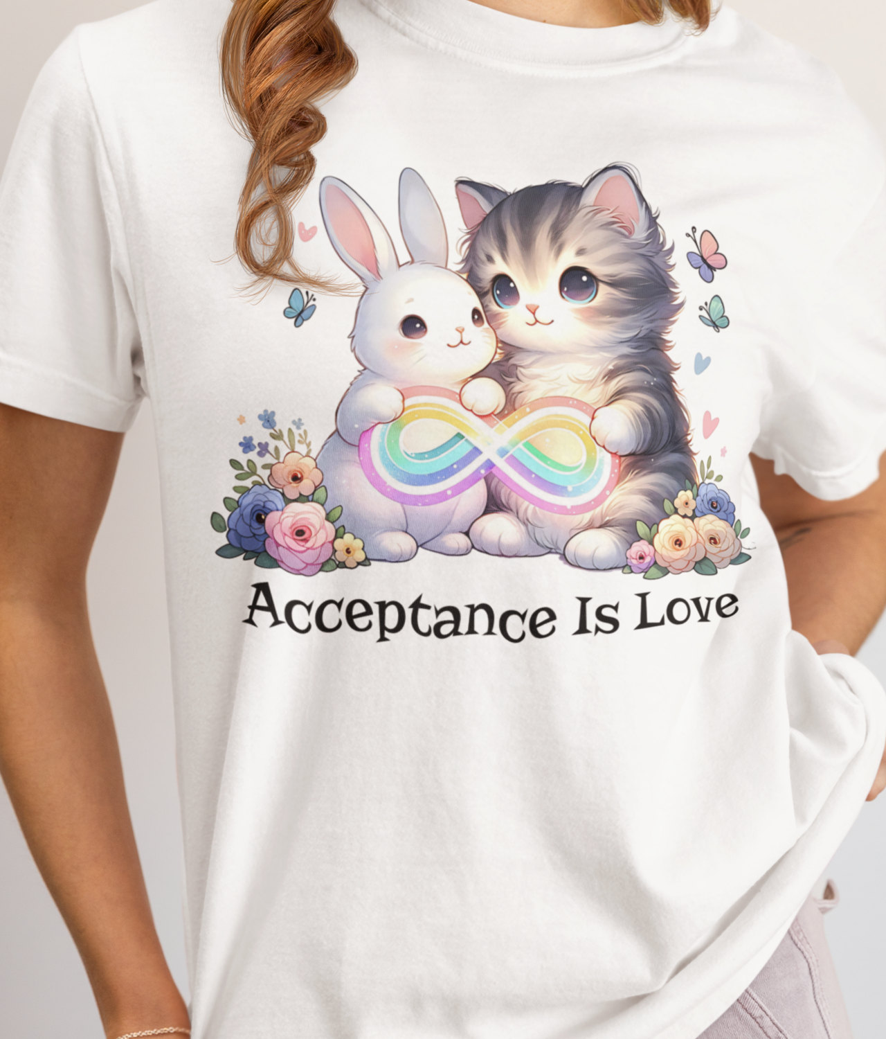  Autism Awareness Infinity Rainbow Ribbon | Comfort Colors Unisex Neurodivergence Acceptance Tee | Cute Bunny and Kitty Love Neurodiversity T-shirt