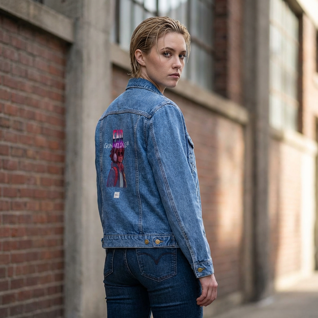 Denim Jacket – End Gun Violence Street Art Graphic Unisex Denim Jacket product thumbnail image Denim Jacket – End Gun Violence Street Art Graphic Unisex Denim Jacket product thumbnail image