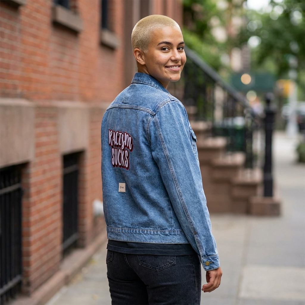 Denim Jacket – Racism Sucks Street Art Graphic Unisex Denim Jacket product thumbnail image Denim Jacket – Racism Sucks Street Art Graphic Unisex Denim Jacket product thumbnail image