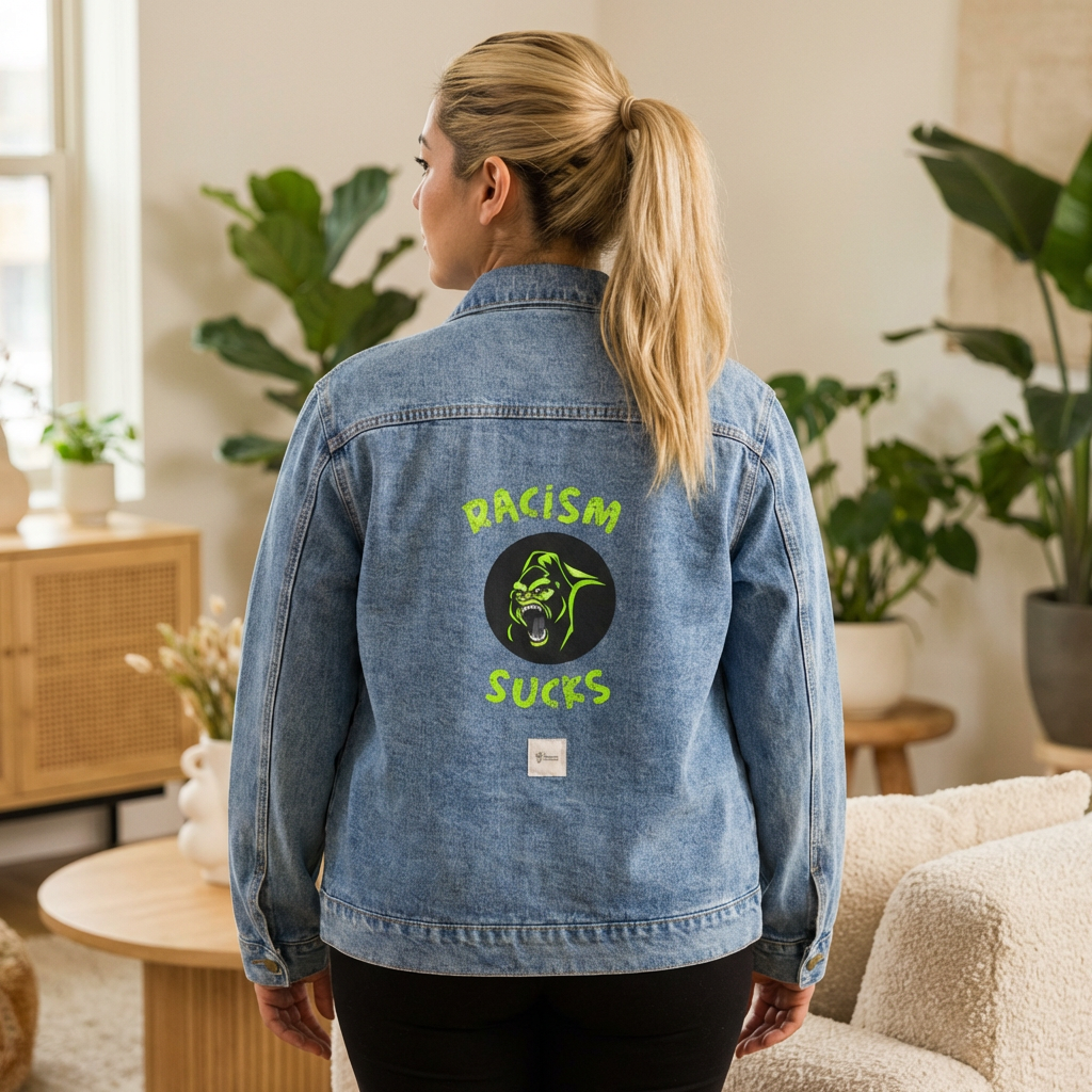 Denim Jacket – Racism Sucks Street Art Graphic Unisex Denim Jacket product thumbnail image Denim Jacket – Racism Sucks Street Art Graphic Unisex Denim Jacket product thumbnail image
