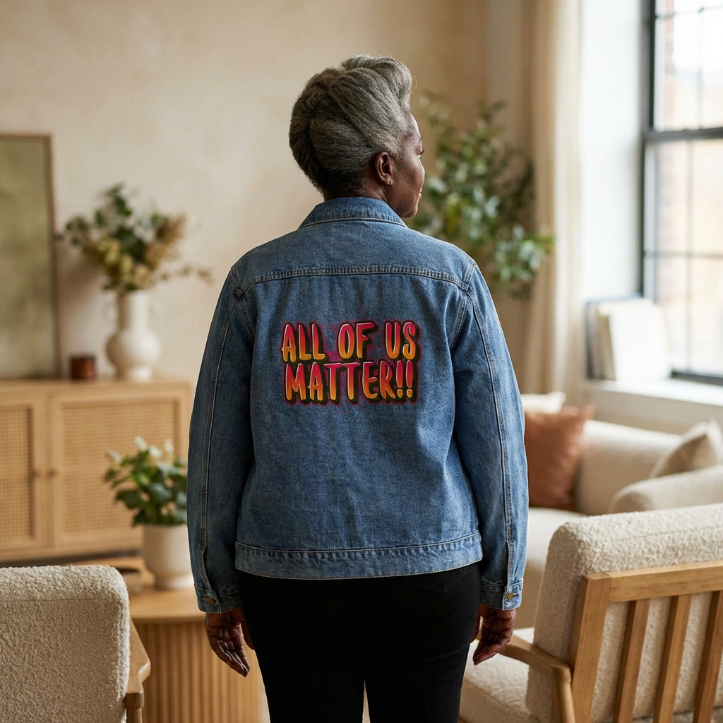 ALL OF US MATTER Denim Jacket | Colorful Back Graphic | Unisex Classic Fit | Statement Outerwear | LifeCoachDesigns.shop product thumbnail image