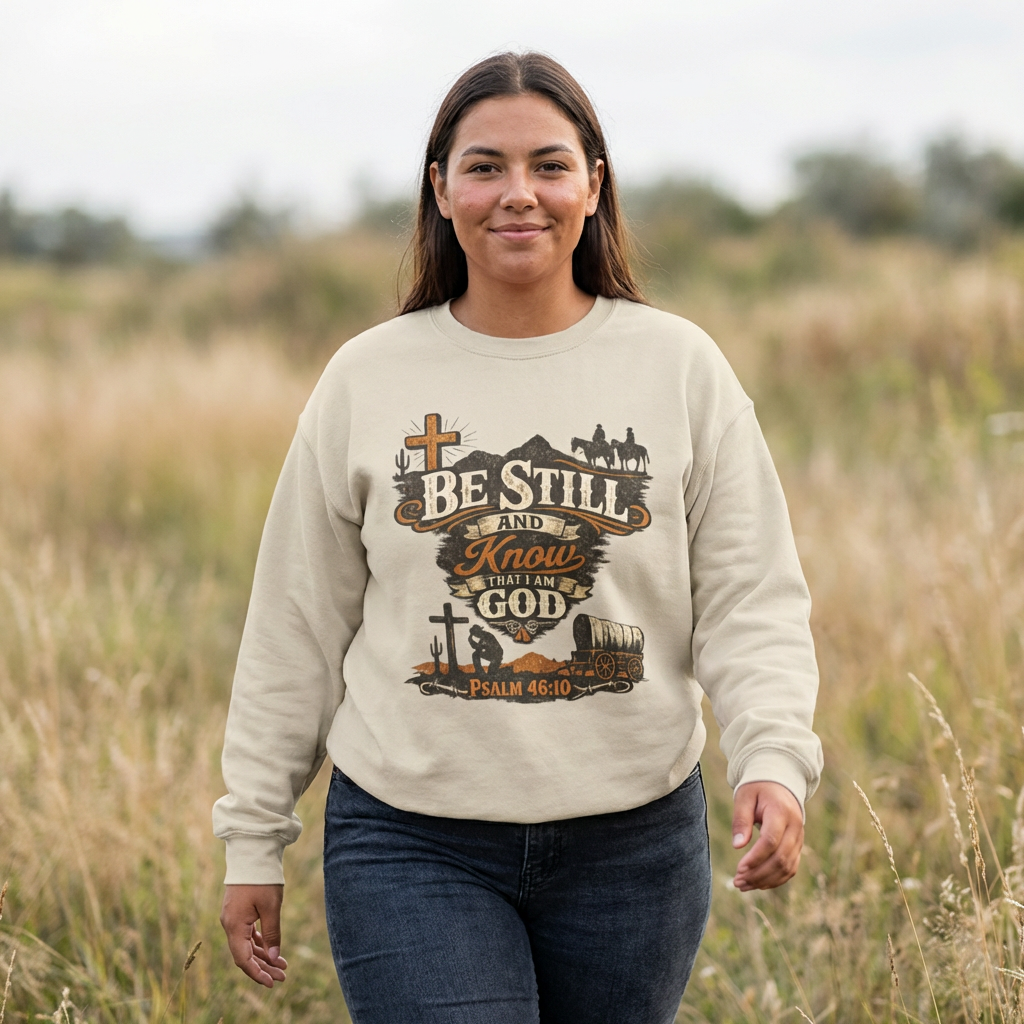 Be Still and Know God Crewneck Sweatshirt — Psalm 46:10 Christian Faith Graphic