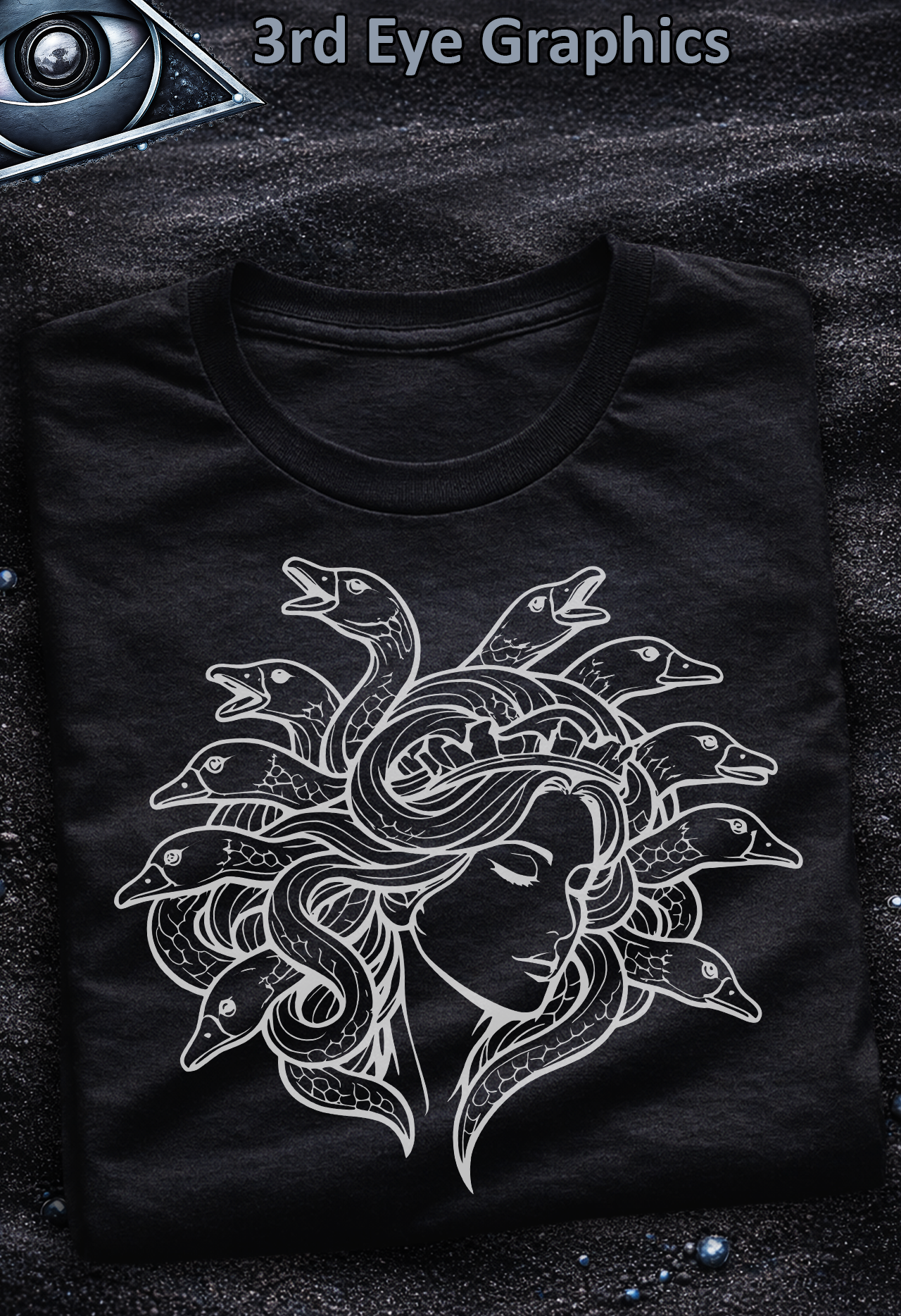 Funny Medusa Goose Greek Mythology Vintage Line Graphic T-Shirt // Front Print