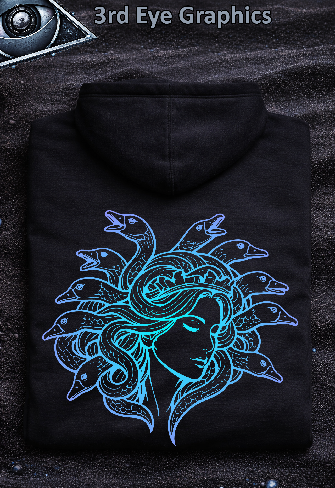 Funny Medusa Goose Greek Mythology Retro Colorful Graphic Pullover Hoodie // Back Print v1