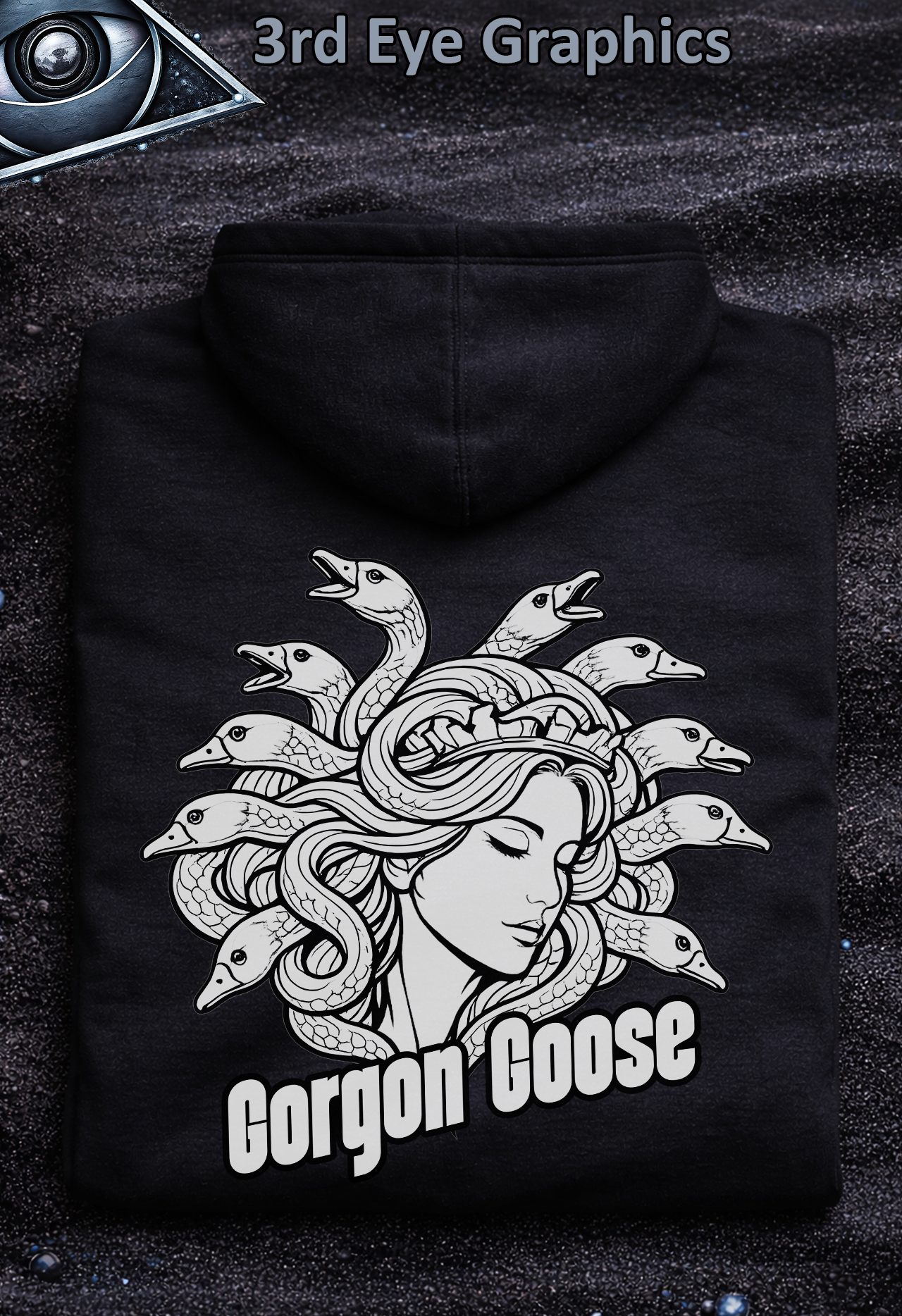 Funny Medusa Goose Greek Mythology Vintage "Gorgon Goose" Graphic Pullover Hoodie // Back Print  product thumbnail image