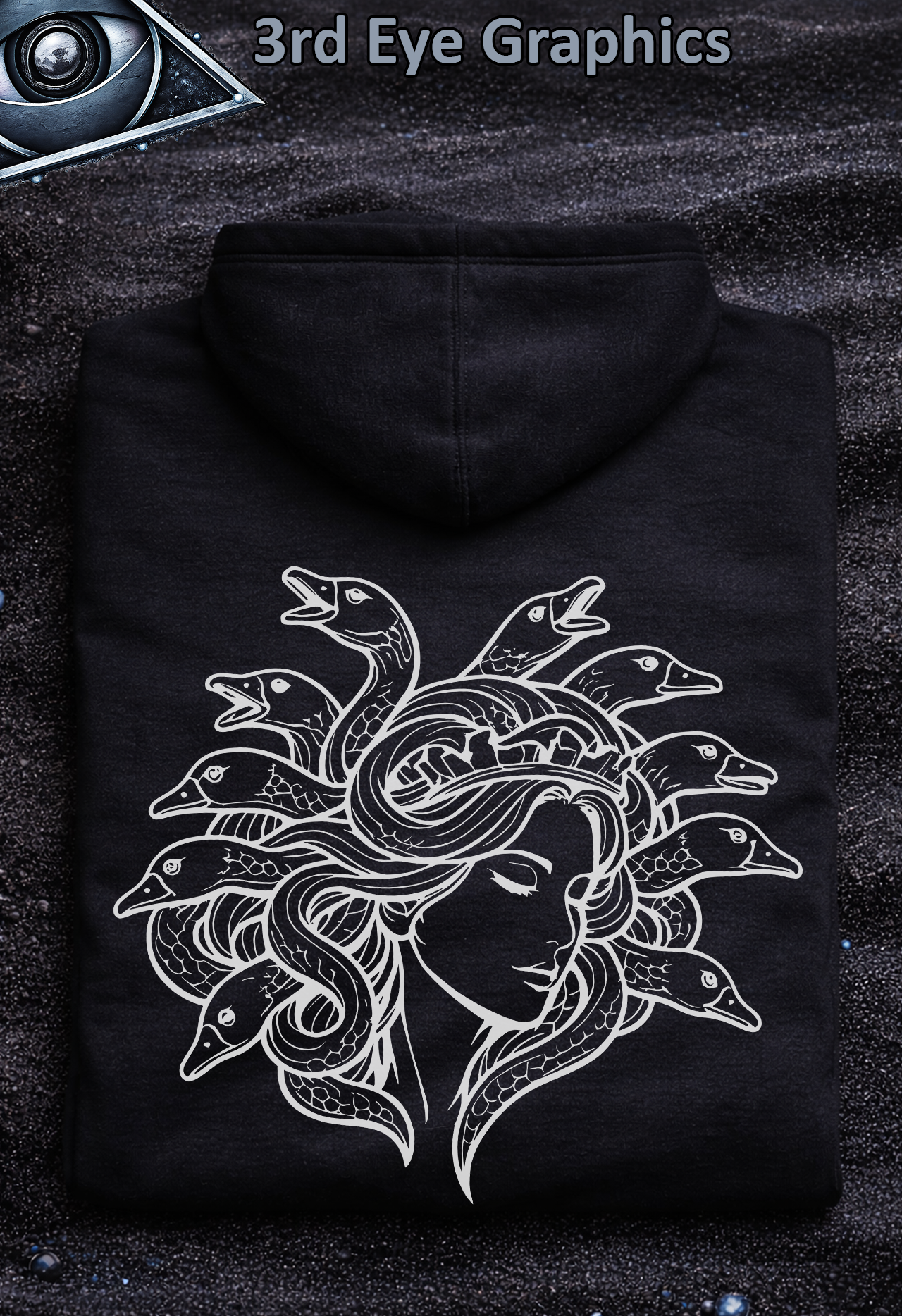 Funny Medusa Goose Greek Mythology Vintage Line Graphic Pullover Hoodie // Back Print product thumbnail image