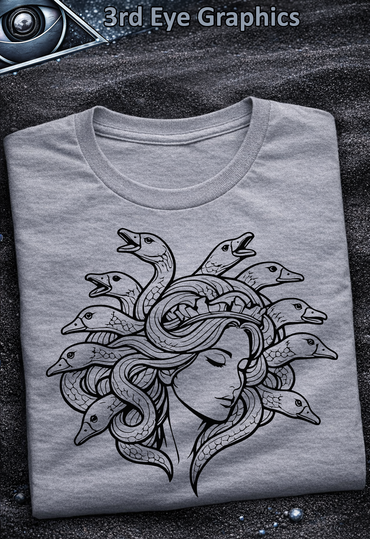 Funny Medusa Goose Greek Mythology Vintage Black Line Graphic T-Shirt // Front Print v1 product thumbnail image