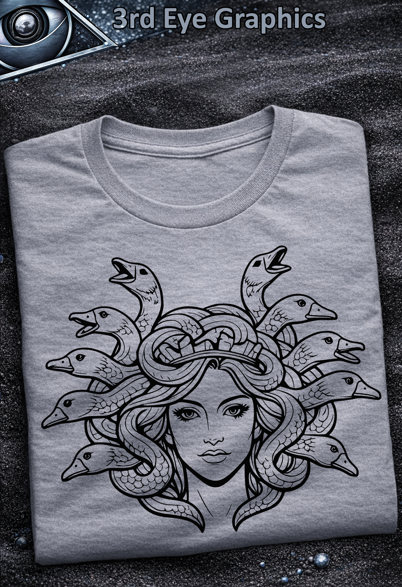 Funny Medusa Goose Greek Mythology Vintage Black Line Graphic T-Shirt // Front Print v2