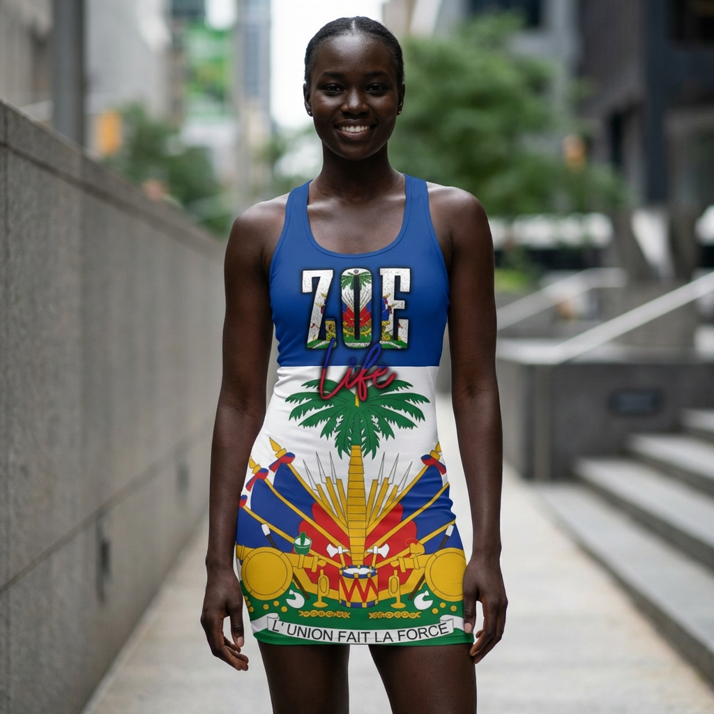 ZOE Life - Blue Haitian Pride Racerback Dress, Summer Fashion, Festival Wear, Tropical Vibes, Caribbean Style, Beach Day Outfit