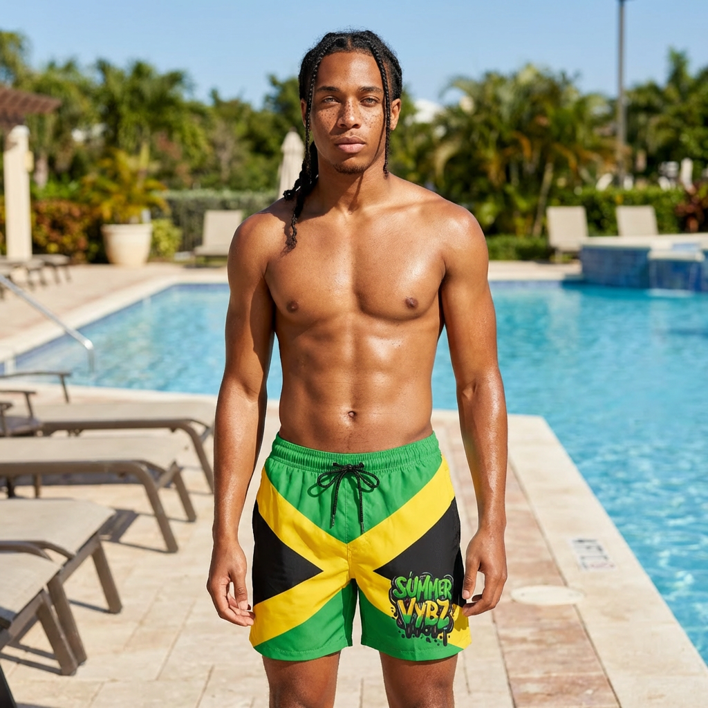 Jamaican Summer Vybz Men’s Swim Shorts, Beachwear, Holiday Swim Trunks, Summer Pool Shorts, Gift for Him, Vacation Essentials product thumbnail image Jamaican Summer Vybz Men’s Swim Shorts, Beachwear, Holiday Swim Trunks, Summer Pool Shorts, Gift for Him, Vacation Essentials product thumbnail image