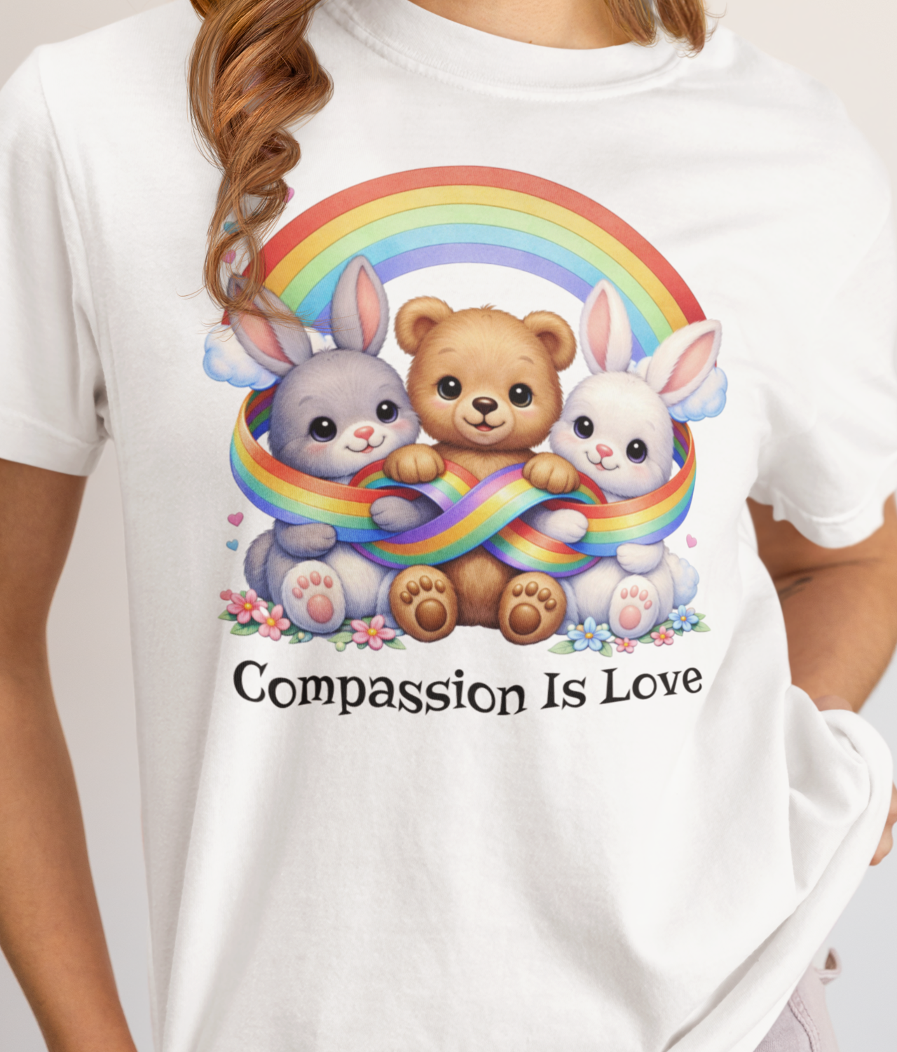 Autism Awareness Infinity Rainbow Ribbon | Neurodivergence Acceptance Comfort Colors Unisex Tee | Cute Bunnies and Bear Love Neurodiversity Empowerment Graphic T-shirt product thumbnail image