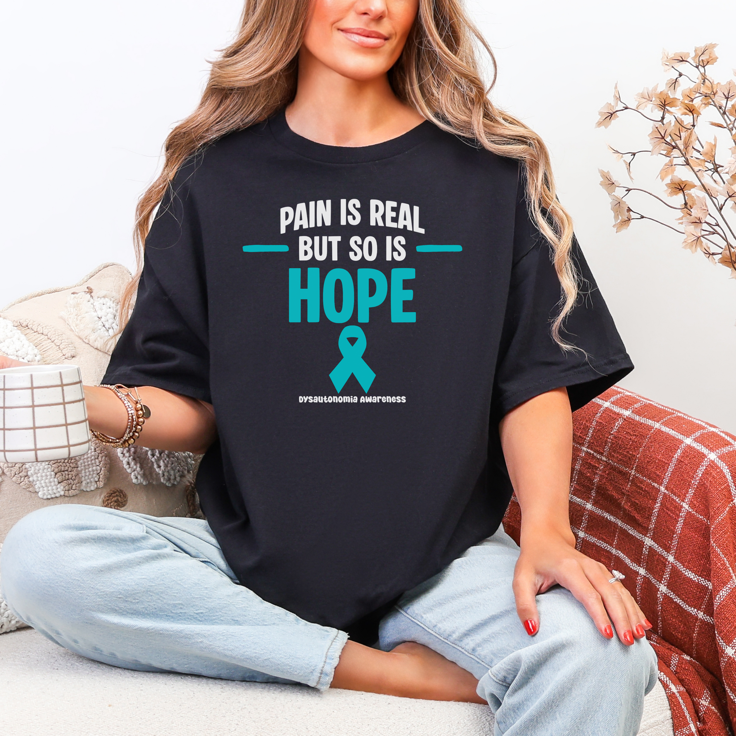 Hope Awareness T-Shirt — "Pain Is Real But So Is Hope" Teal Ribbon Tee product thumbnail image