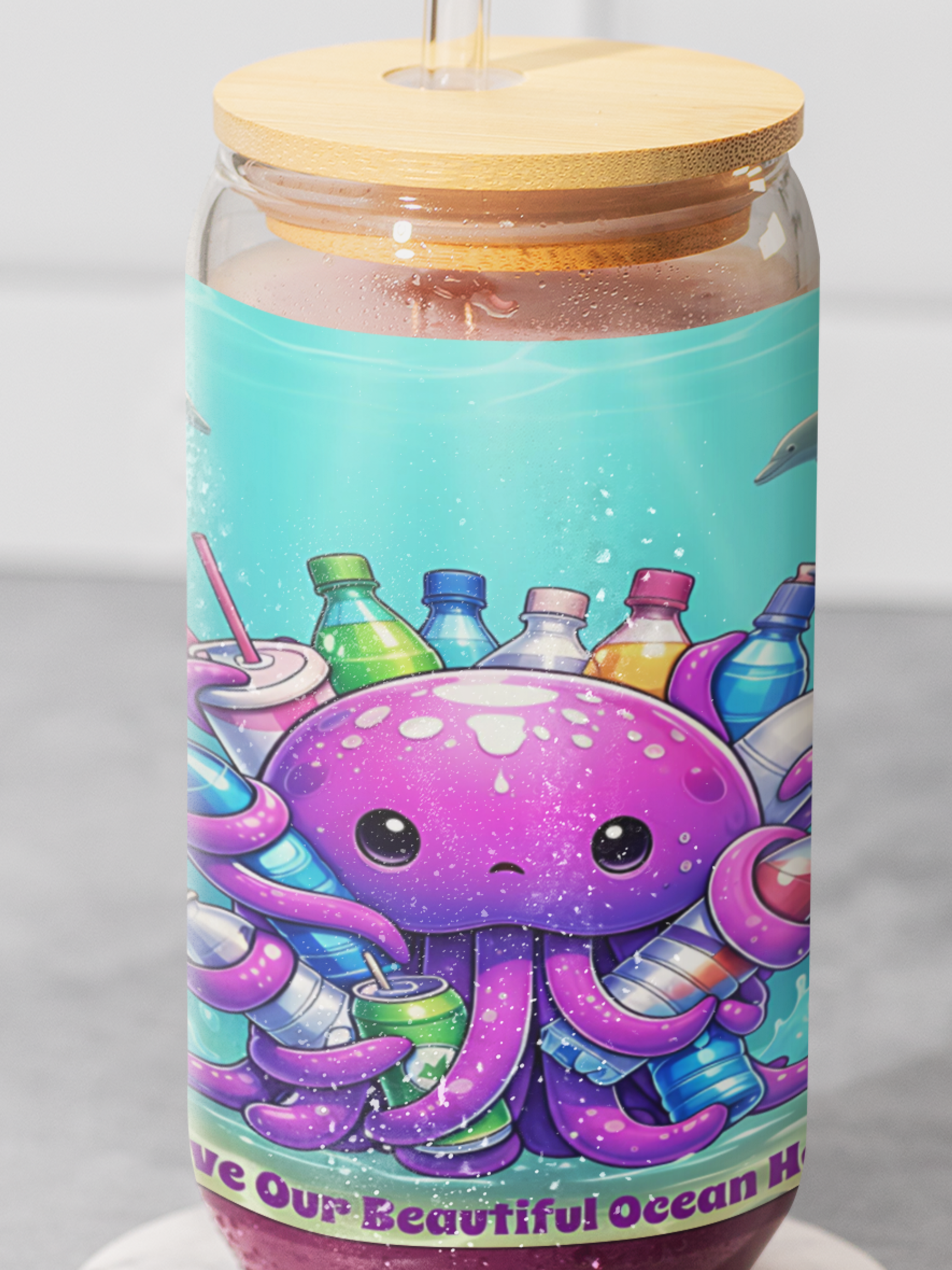  Cute Purple Jellyfish Ocean Scene 16oz Sipper Glass | Reduce Plastic Waste | Love Oceans 'Save Our Beautiful Ocean Home' product thumbnail image