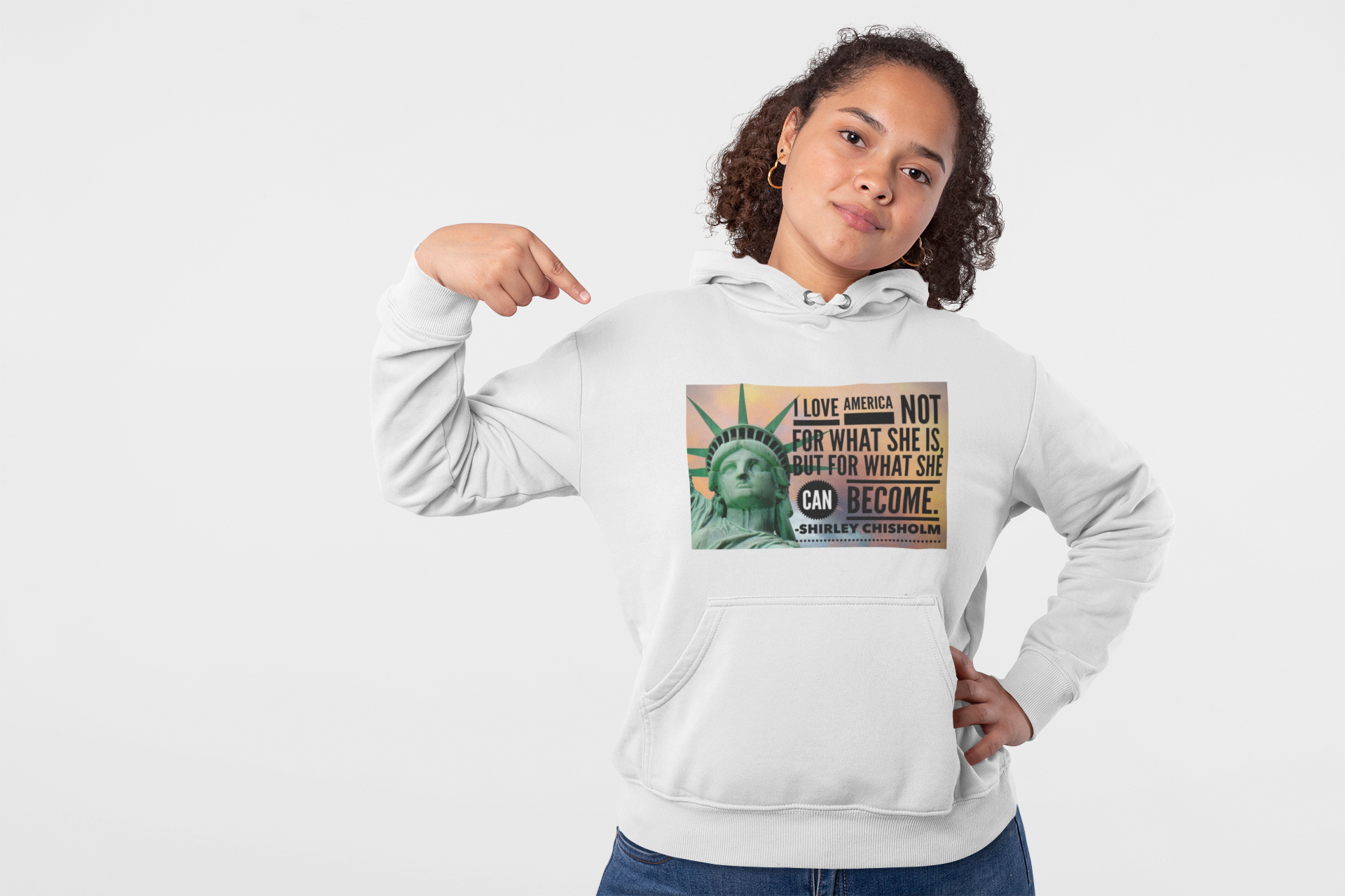 Patriotic Statue of Liberty Quote Hoodie — "I Love America Not For What She Is..." product thumbnail image Patriotic Statue of Liberty Quote Hoodie — "I Love America Not For What She Is..." product thumbnail image