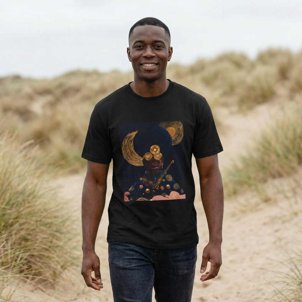 Cosmic Samurai Graphic T‑Shirt — Golden Moon Warrior Design