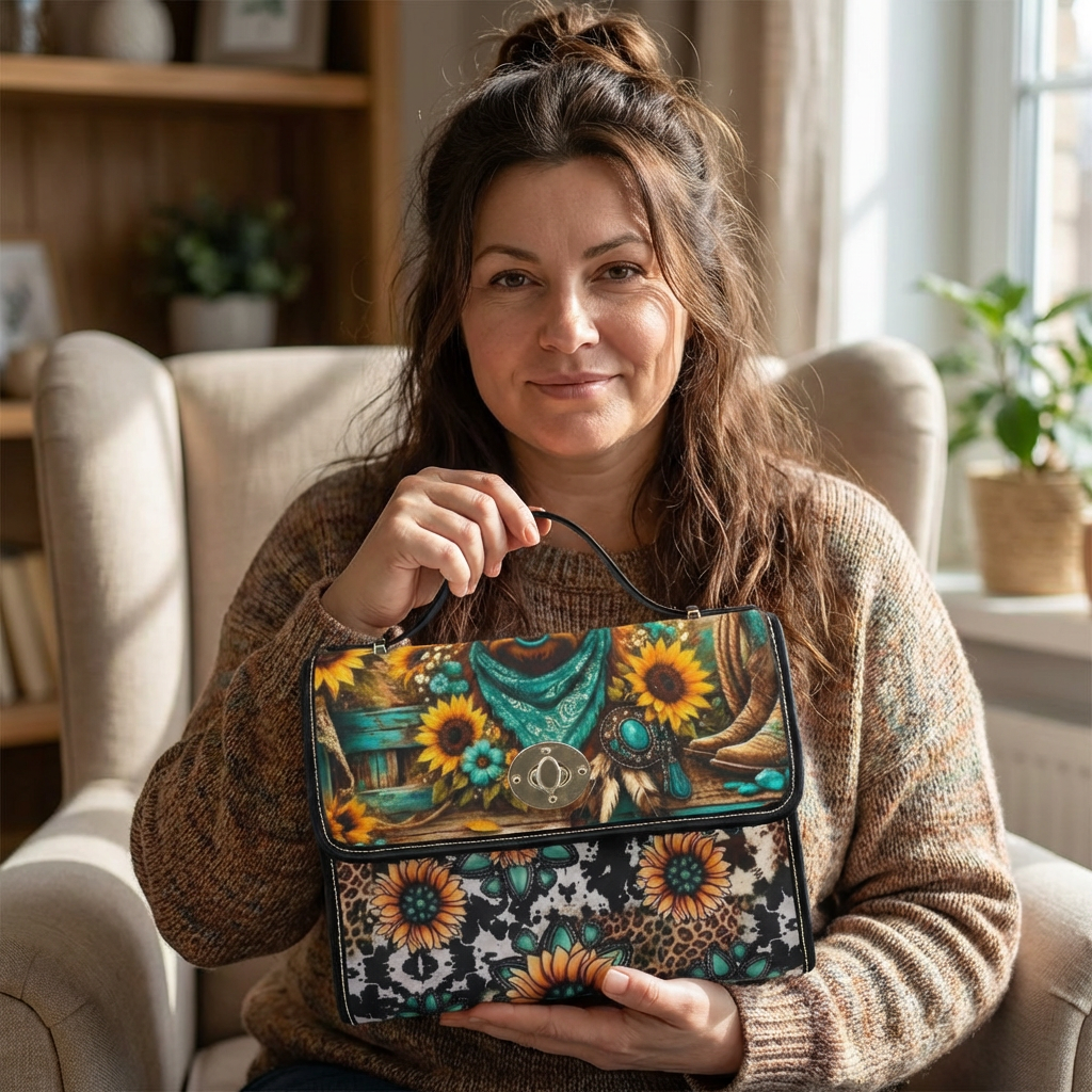 Sunflower Western Canvas Bag — Waterproof Floral Satchel with Turquoise Accents product thumbnail image