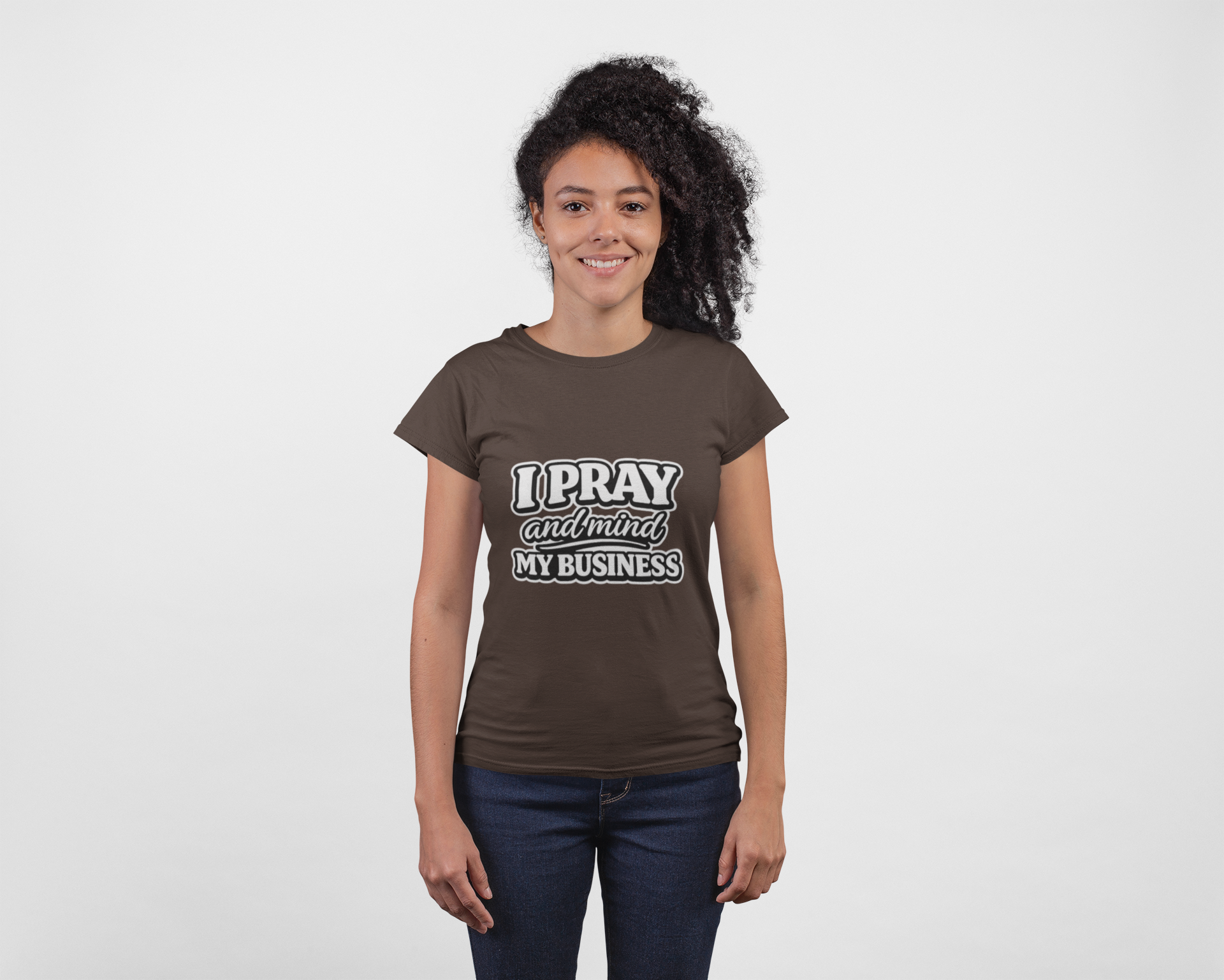 Women's Tee — "I Pray and Mind My Business" Graphic Prayer Semi-Fitted Shirt product thumbnail image Women's Tee — "I Pray and Mind My Business" Graphic Prayer Semi-Fitted Shirt product thumbnail image