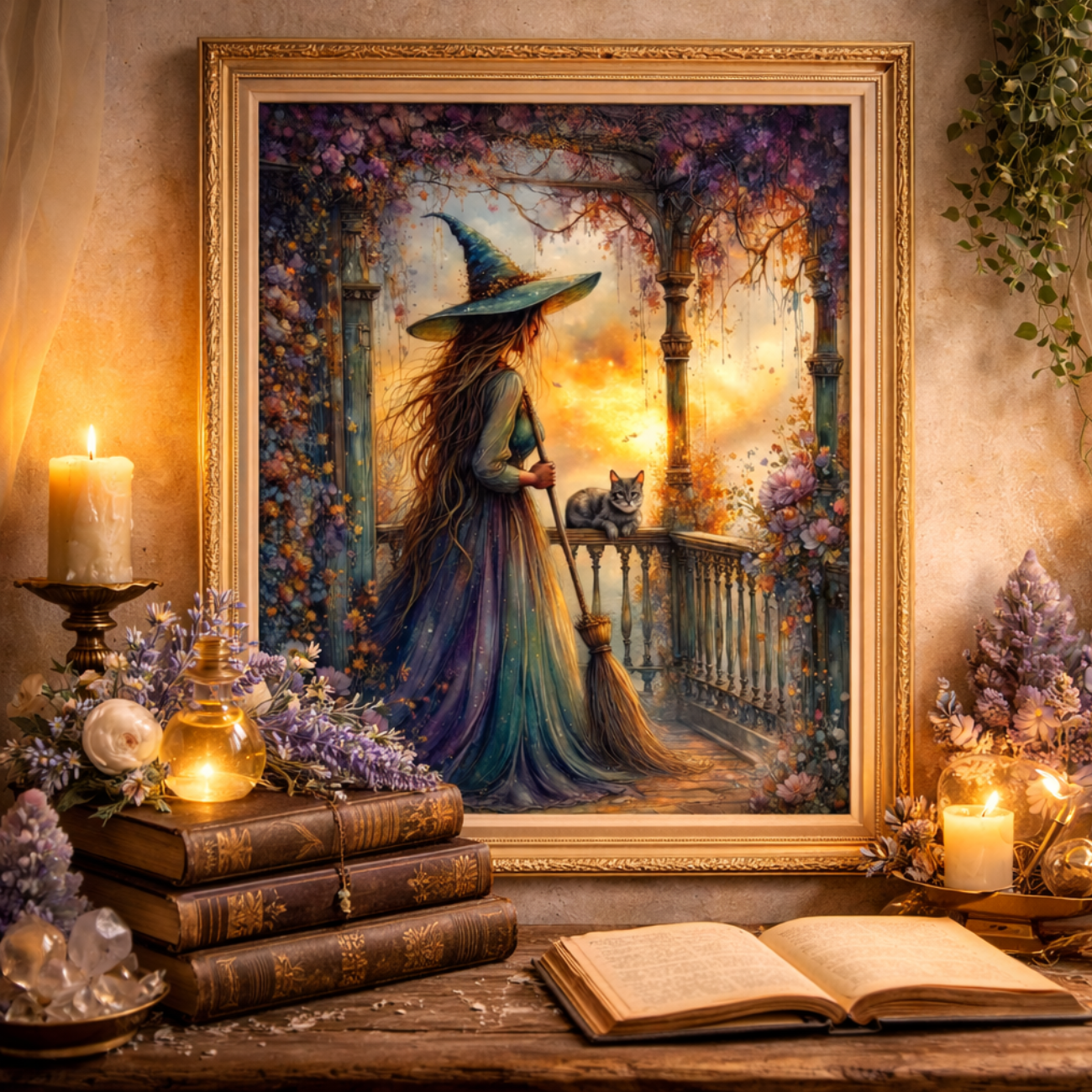 The Cottage Porch Witch Art Print with Cat Magical Witchy Home Decor