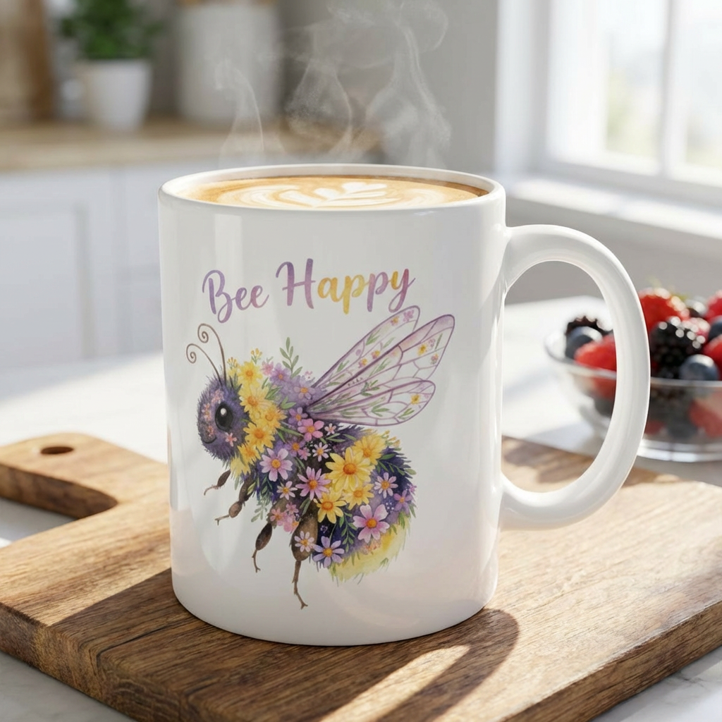 Bee Happy Ceramic Mug — Watercolor Bumblebee Coffee Cup (11oz/15oz)