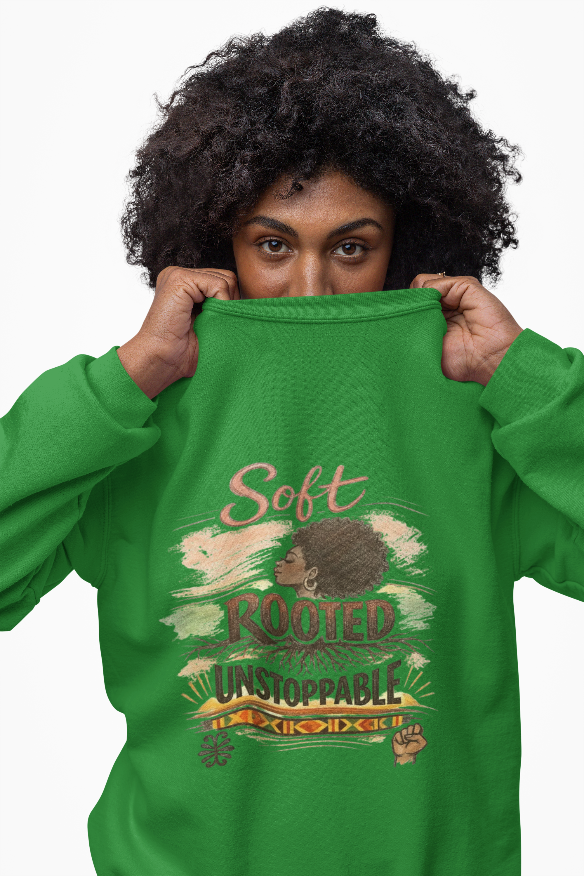 Crewneck Sweatshirt — "Soft, Rooted, Unstoppable" Afro Puff Graphic product thumbnail image Crewneck Sweatshirt — "Soft, Rooted, Unstoppable" Afro Puff Graphic product thumbnail image