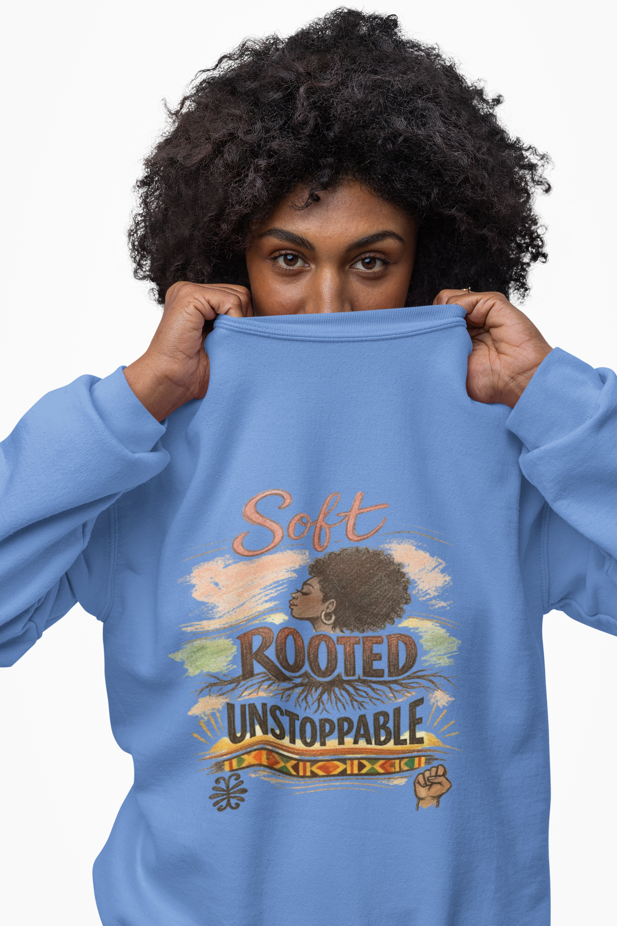Crewneck Sweatshirt — "Soft, Rooted, Unstoppable" Afro Puff Graphic product thumbnail image Crewneck Sweatshirt — "Soft, Rooted, Unstoppable" Afro Puff Graphic product thumbnail image