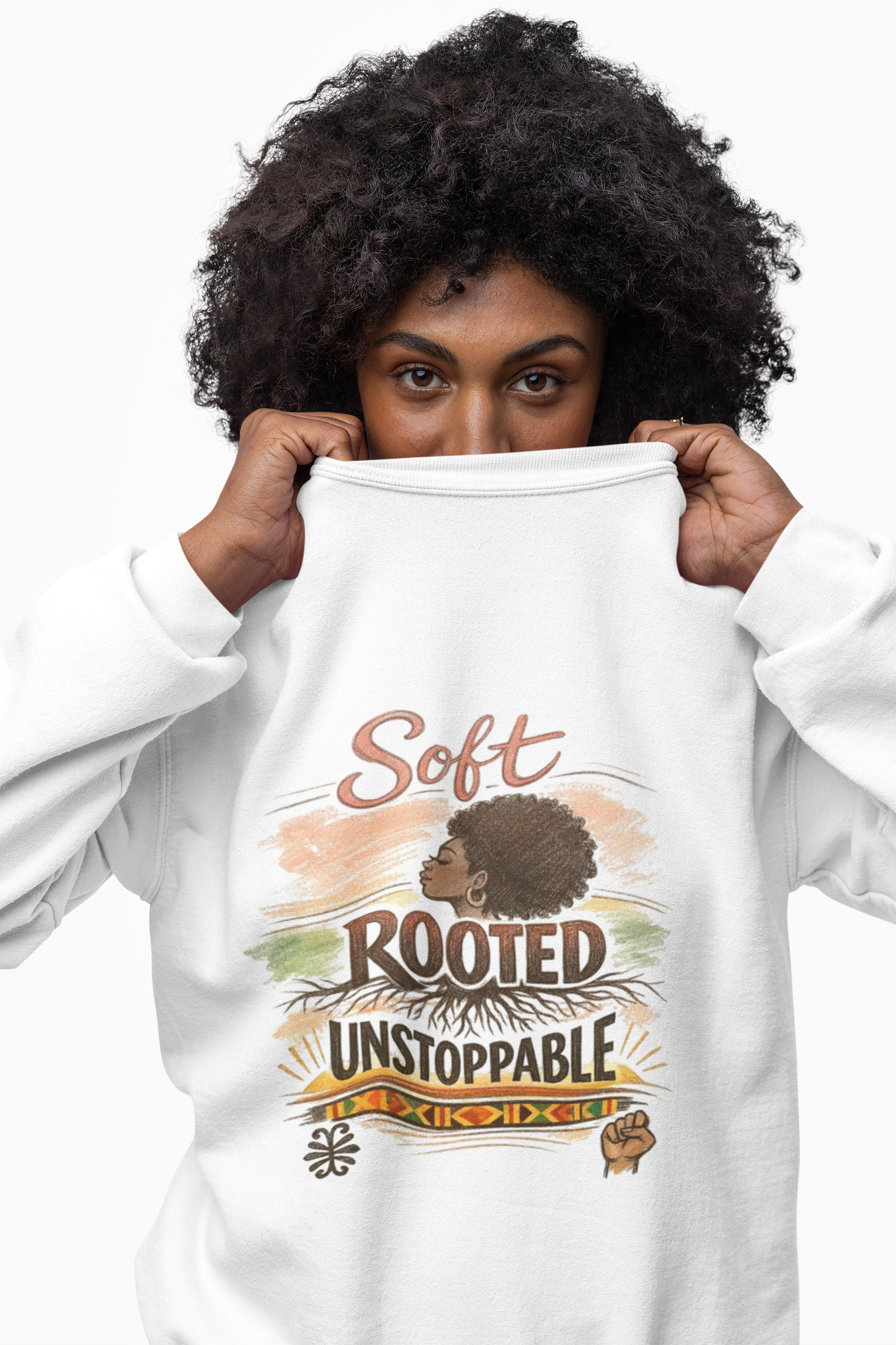 Crewneck Sweatshirt — "Soft, Rooted, Unstoppable" Afro Puff Graphic product thumbnail image Crewneck Sweatshirt — "Soft, Rooted, Unstoppable" Afro Puff Graphic product thumbnail image