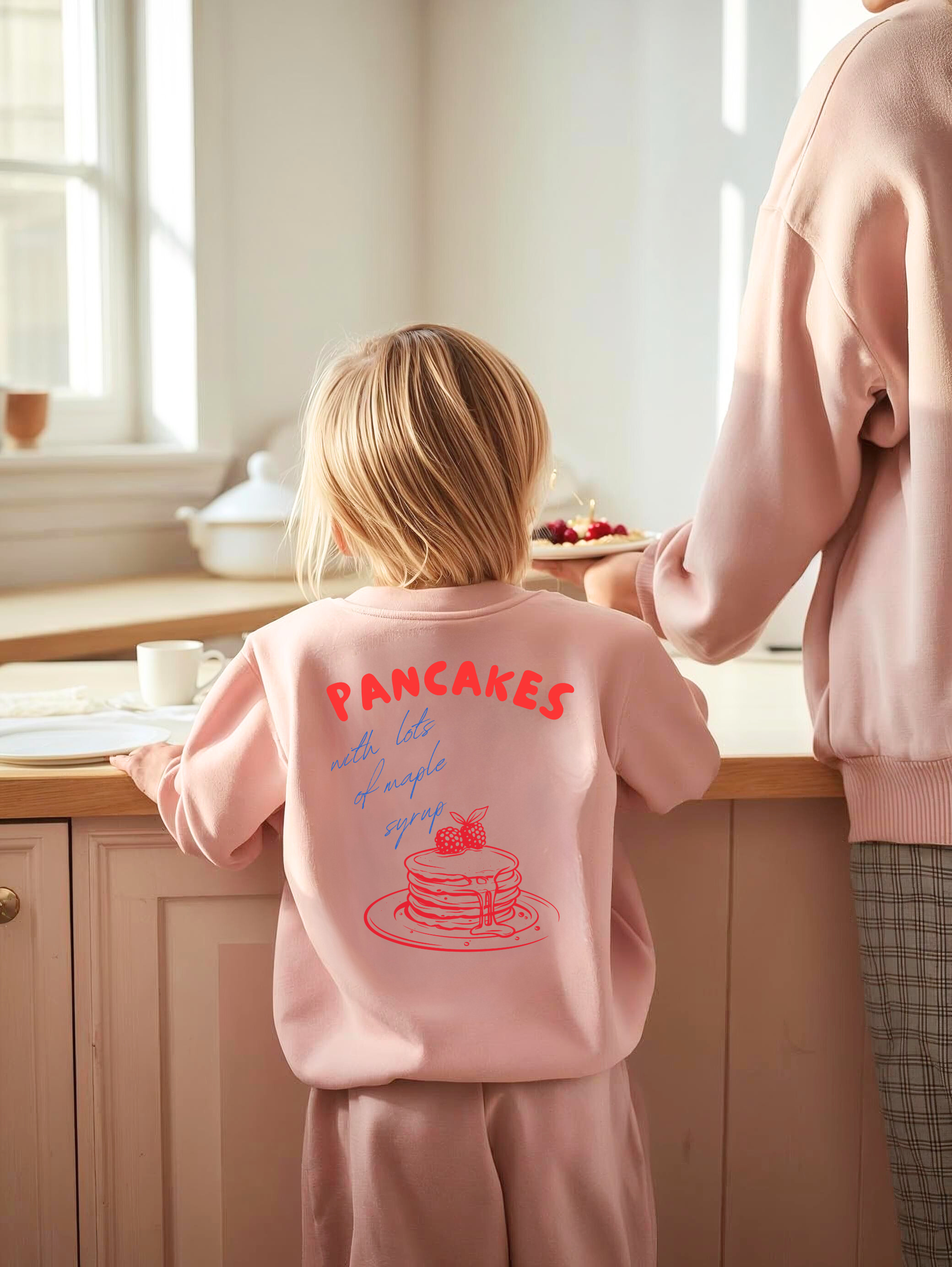 Kids Sweatshirt  Pancakes stack  | illustrated breakfast graphic, retro red blue design