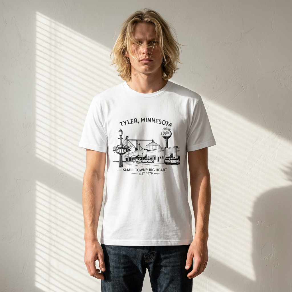Tyler, Minnesota Skyline Tee — "Small Town • Big Heart" Graphic T-Shirt
