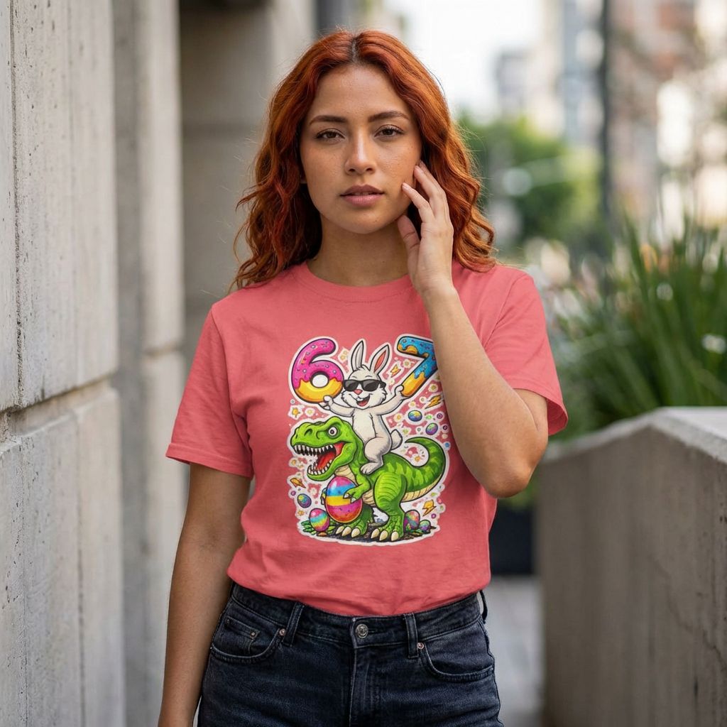 Kids 6-7 Birthday T-Shirt — Bunny Riding T-Rex with Number Balloons
