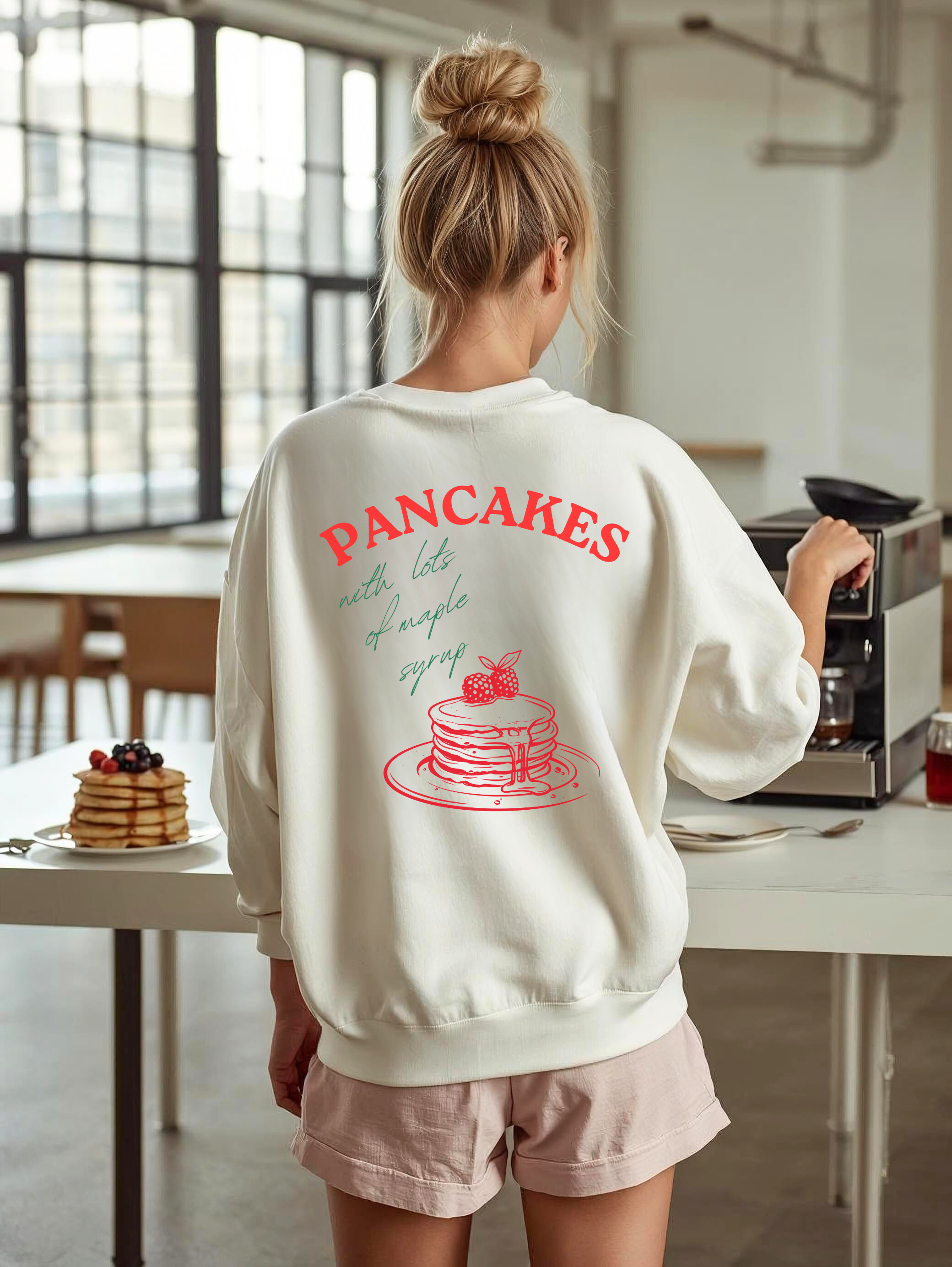 Mom Life Tee, Pancakes stack illustration Sweatshirt | retro breakfast lettering back print product thumbnail image