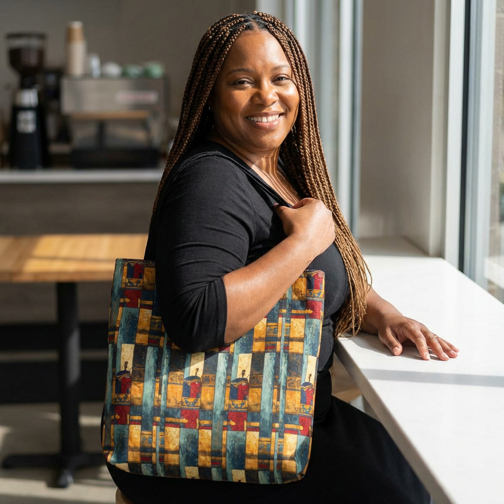 Abstract Geometric Tote Bag — Vintage Grid Pattern AOP