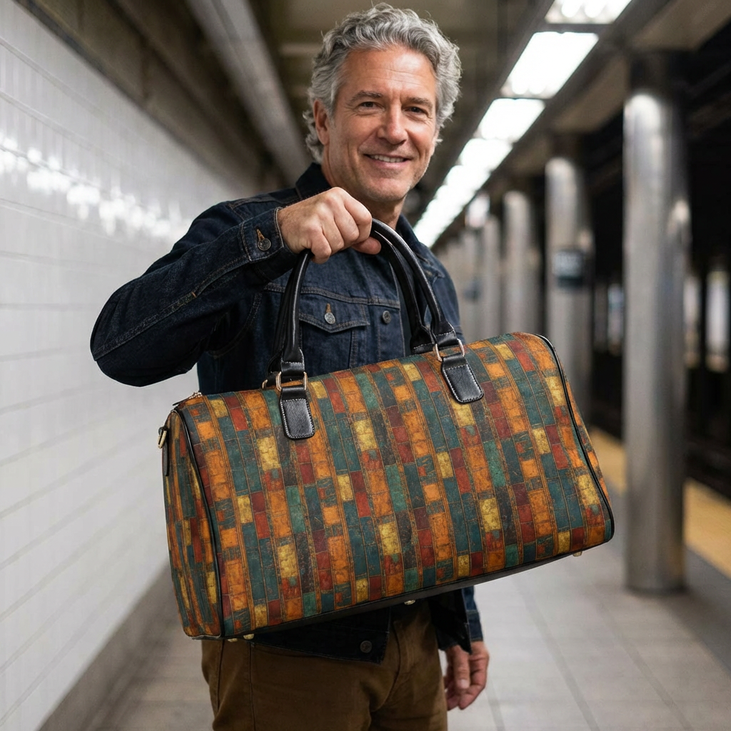 Vintage Mosaic Leather Travel Bag — Rustic Patchwork Weekender Duffel