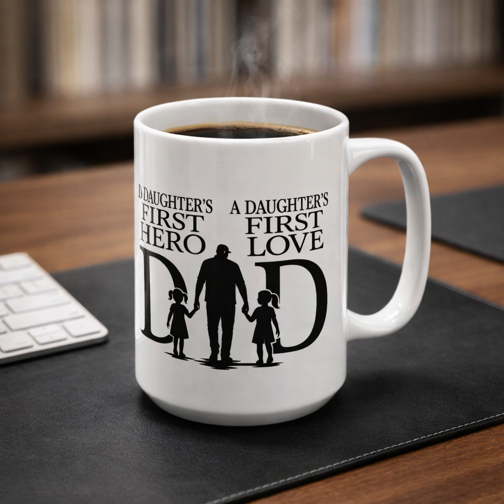 Dad Mug — "A Daughter’s First Love, A Daughter’s First Hero" Ceramic Coffee Cup (11oz, 15oz) product thumbnail image Dad Mug — "A Daughter’s First Love, A Daughter’s First Hero" Ceramic Coffee Cup (11oz, 15oz) product thumbnail image