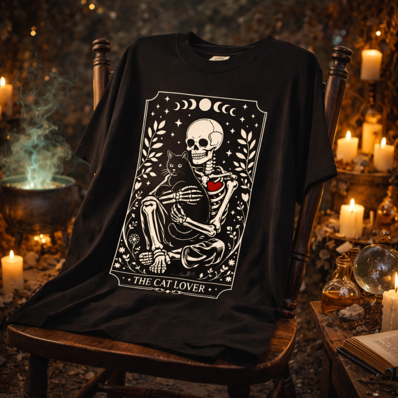 Skeleton & Cat Tarot Tee — "The Cat Lover" Graphic T‑Shirt product thumbnail image Skeleton & Cat Tarot Tee — "The Cat Lover" Graphic T‑Shirt product thumbnail image