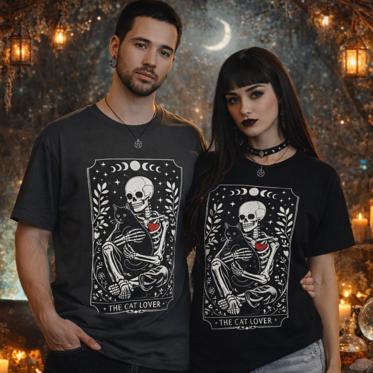 Skeleton &amp; Cat Tarot Tee — "The Cat Lover" Graphic T‑Shirt